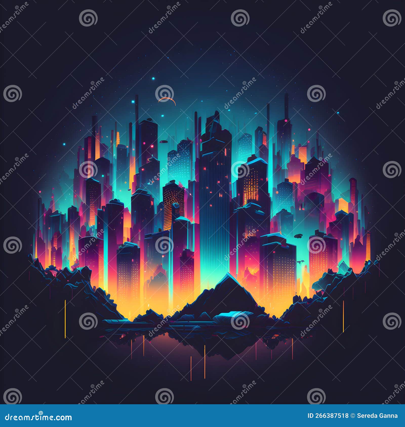 colorful night skyline . highrises and skyscrappers. cyber futuristic . generative ai
