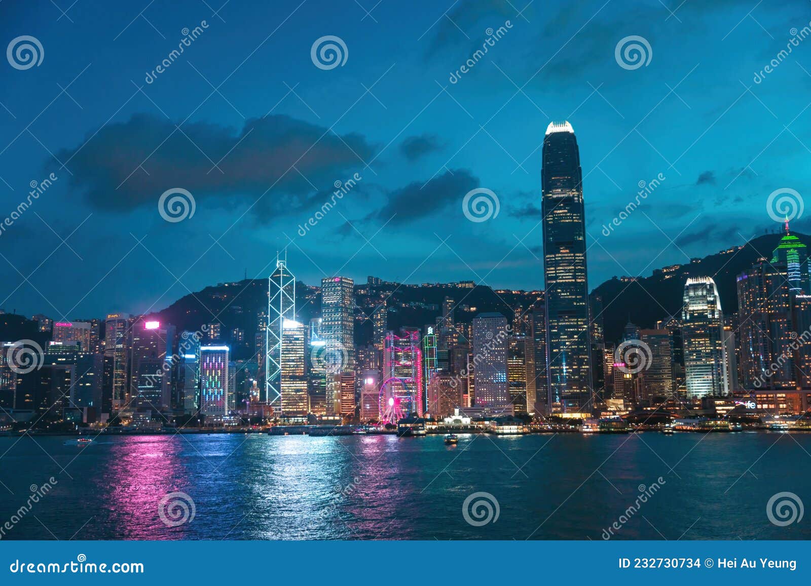 Colorful Night View of the Famous Tourist Location, Victoria Harbour