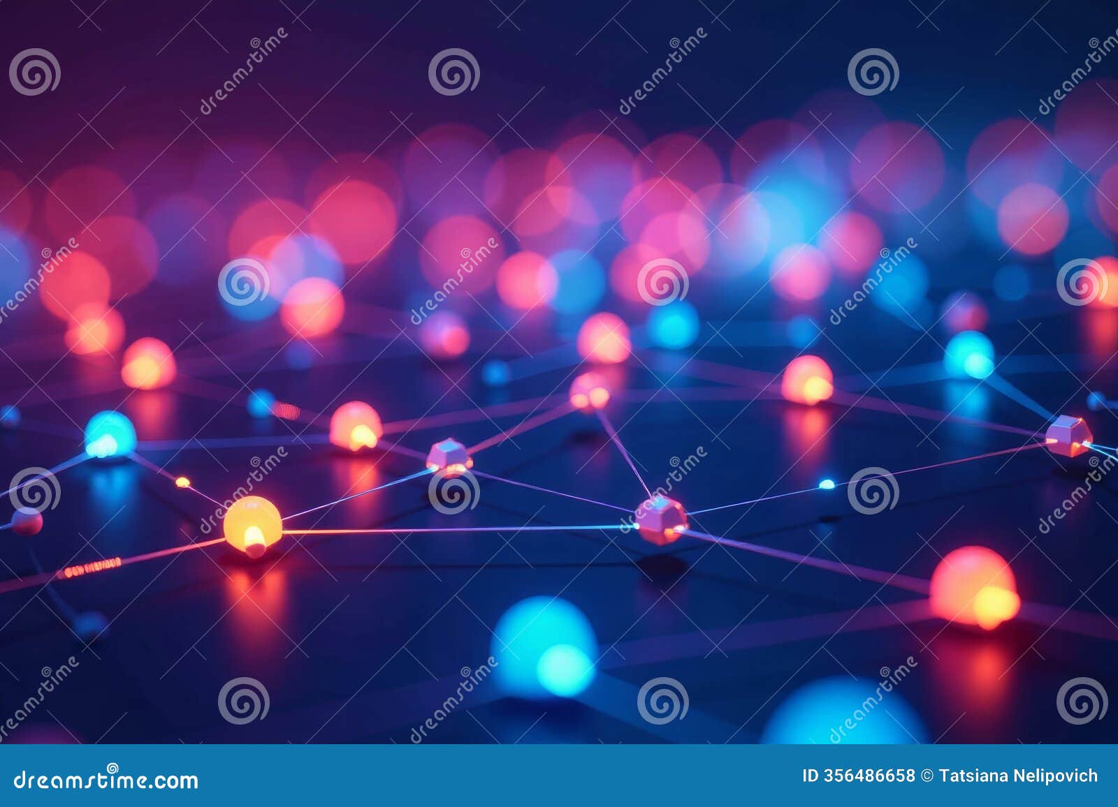 colorful nodes and polygons interconnected sleek luminous lines forming network. communication