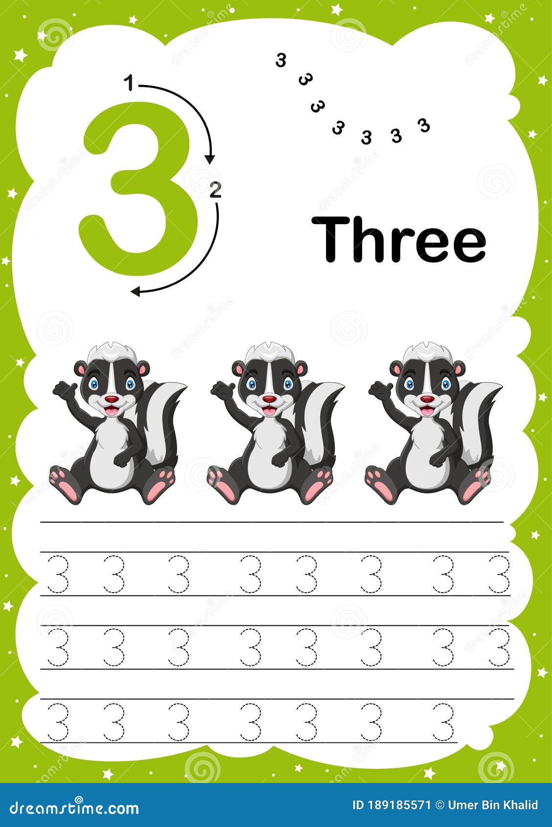 colorful number three daily tracing printable a4 practice worksheet