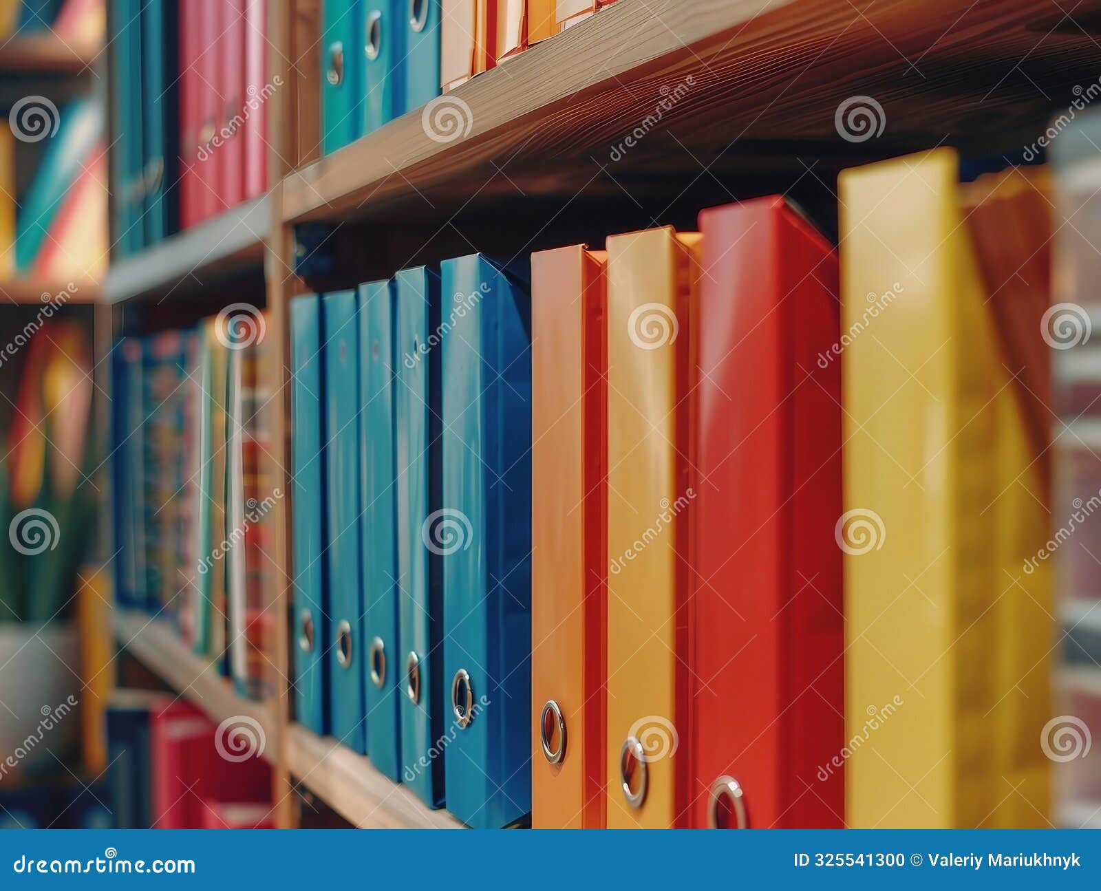 colorful office binders neatly arranged on wooden shelves, creating an organized and vibrant workspace. generative ai