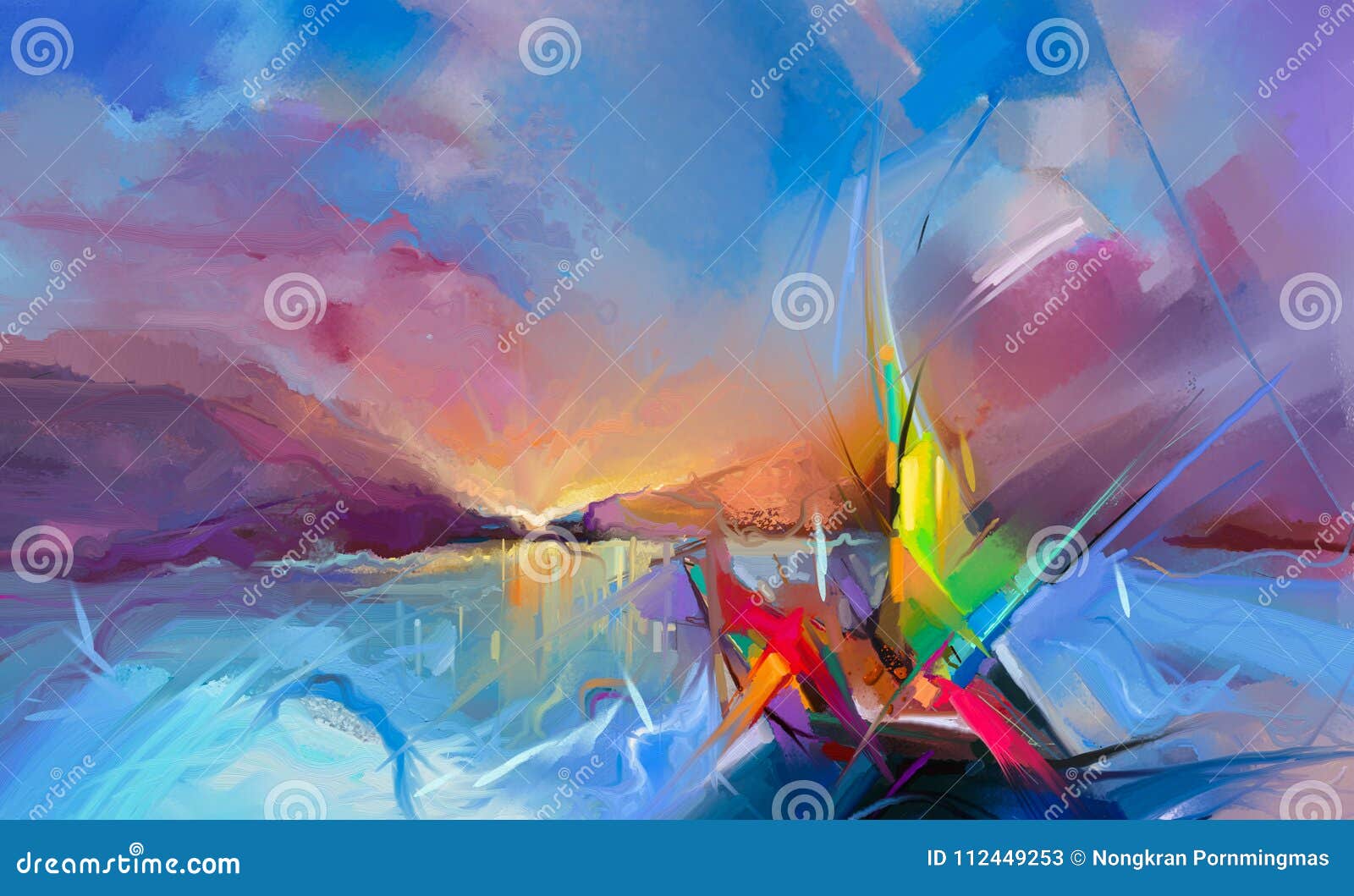 colorful oil painting on canvas texture. semi- abstract image of seascape paintings with sunlight background
