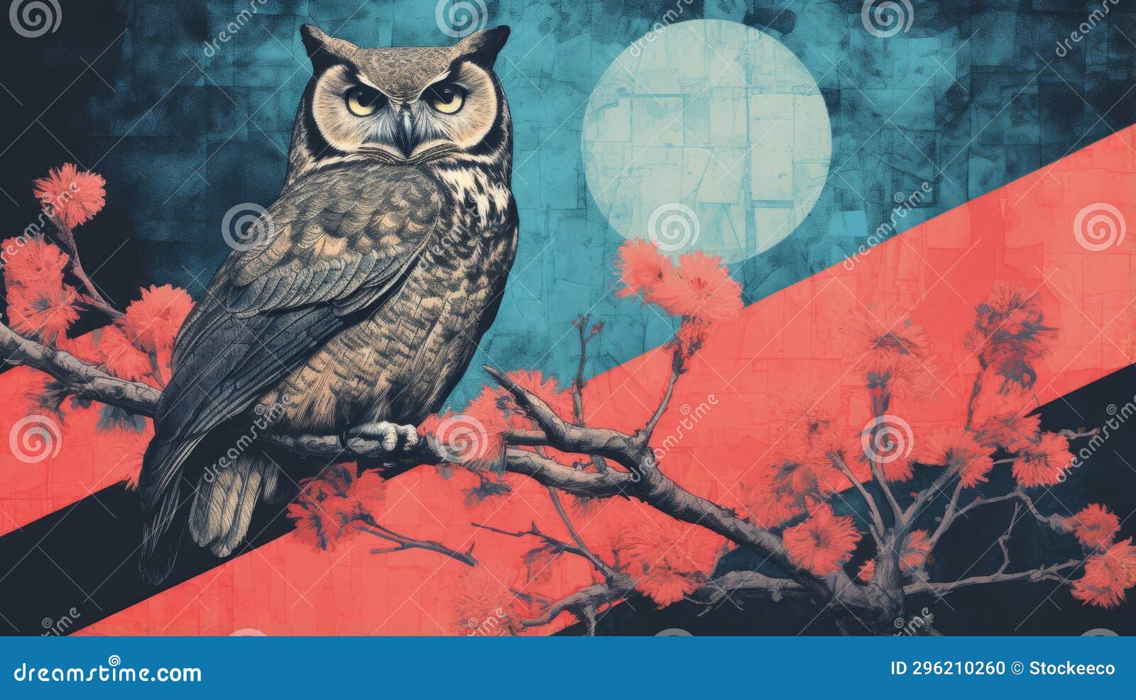 colorful owl and tree artwork with juxtaposed imagery