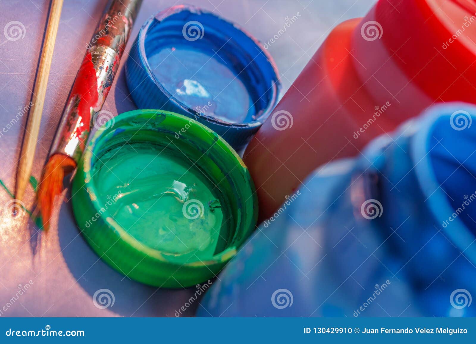 Open Colorful Paint Containers with Paintbrush Stock Photo Image of
