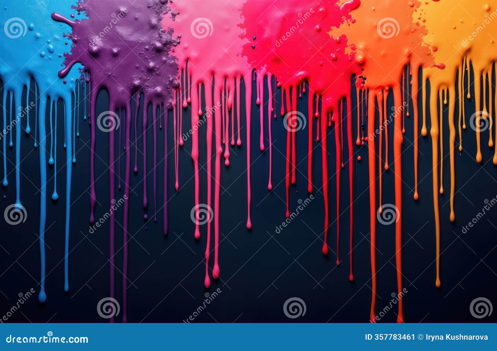 colorful paint drips cascade down dark background creating dynamic abstract . vibrant colours like blue purple orange, red