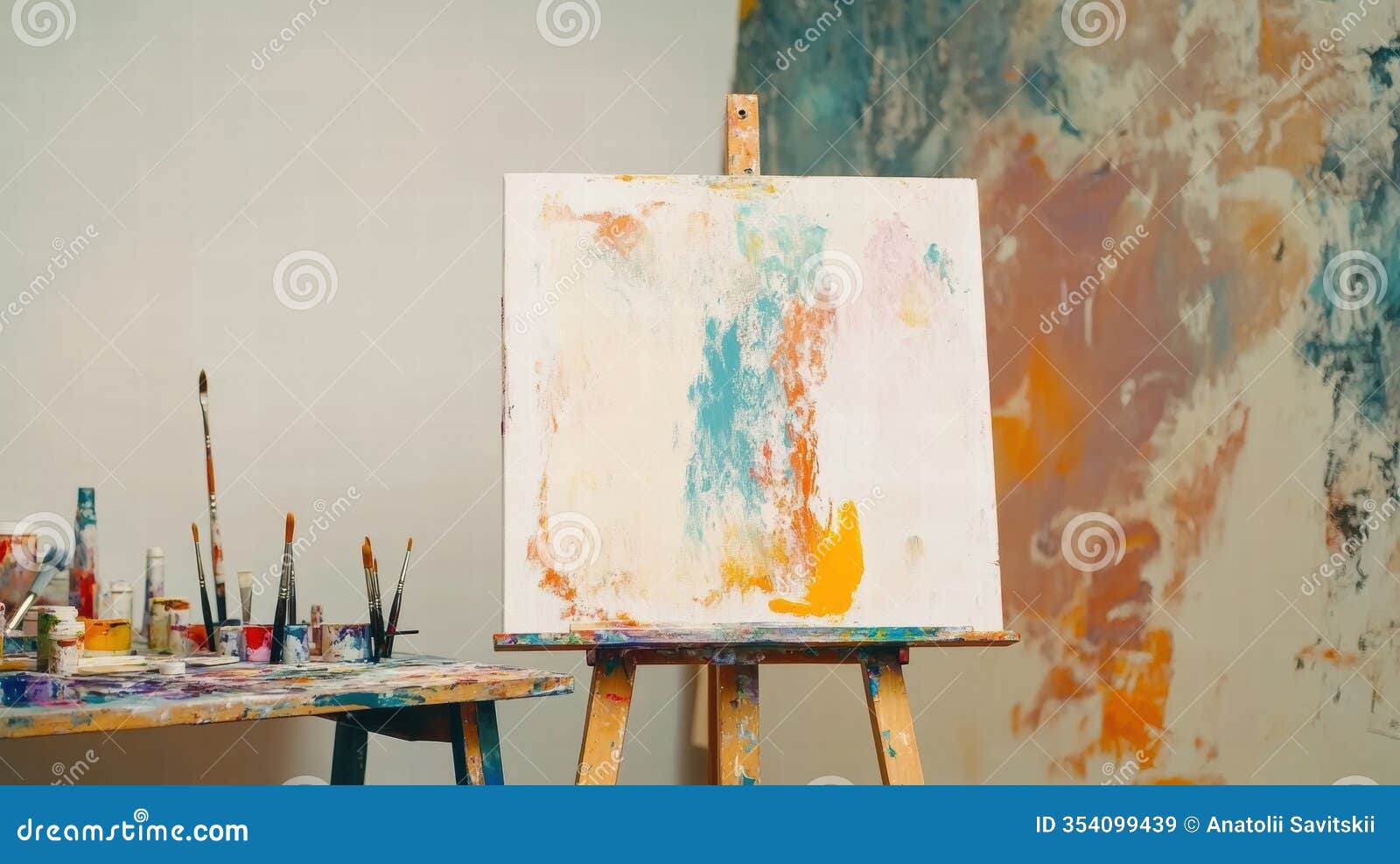 artistic workspace filled with vibrant brushes, paints, and a blank canvas ready for creative expression. generative ai