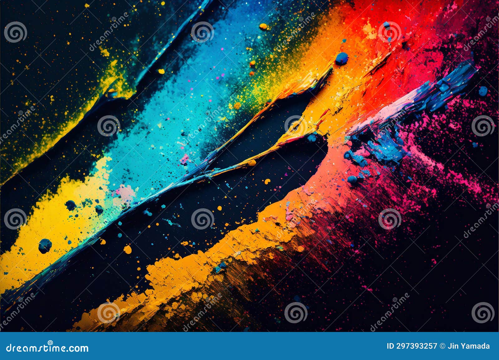 Colorful Paint Splashes on Black Background. Abstract Art Background Stock Illustration