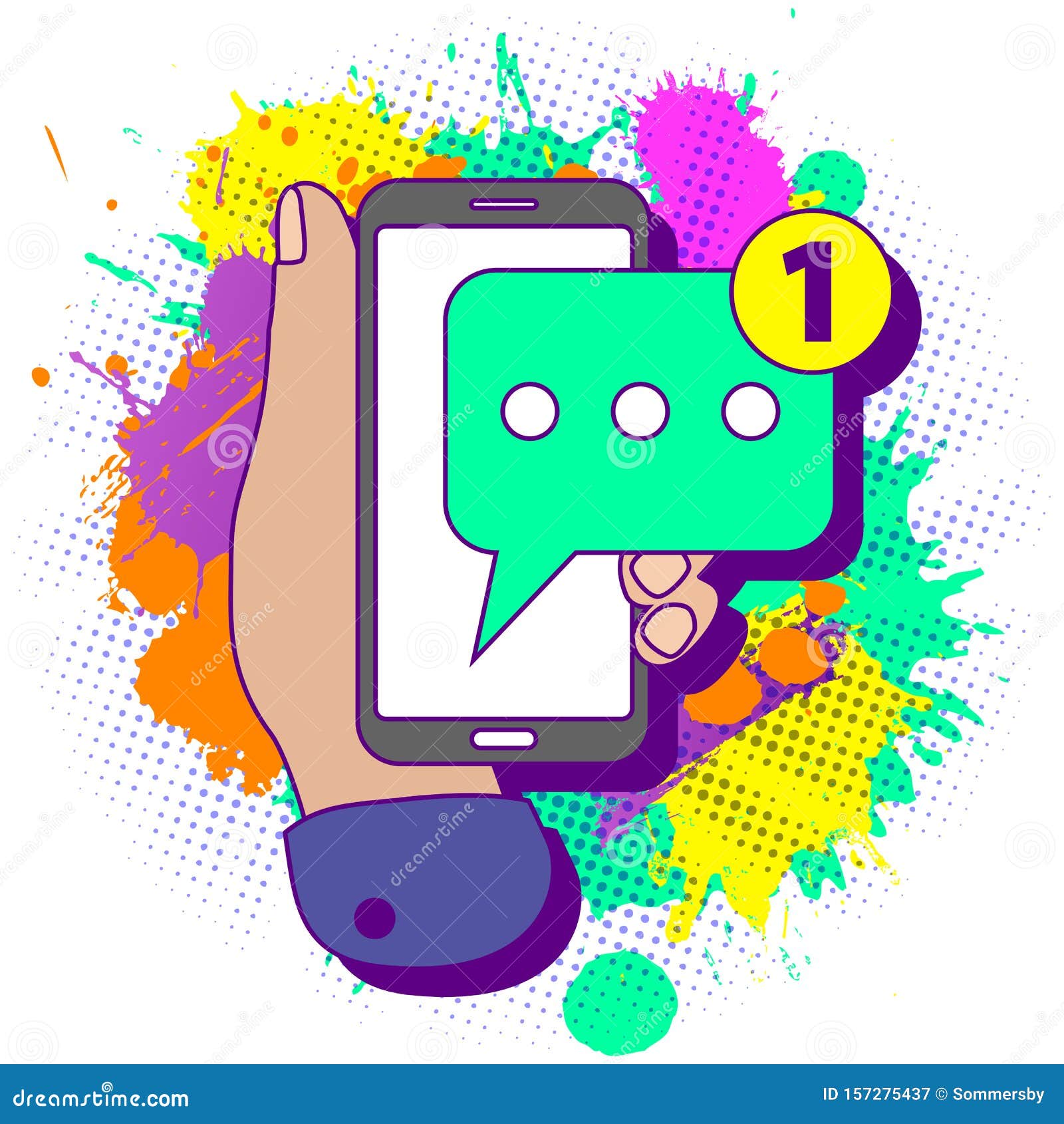 colorful paint splashes with flat lay modern minimal hand holding mobile phone with new chat message notification. text new