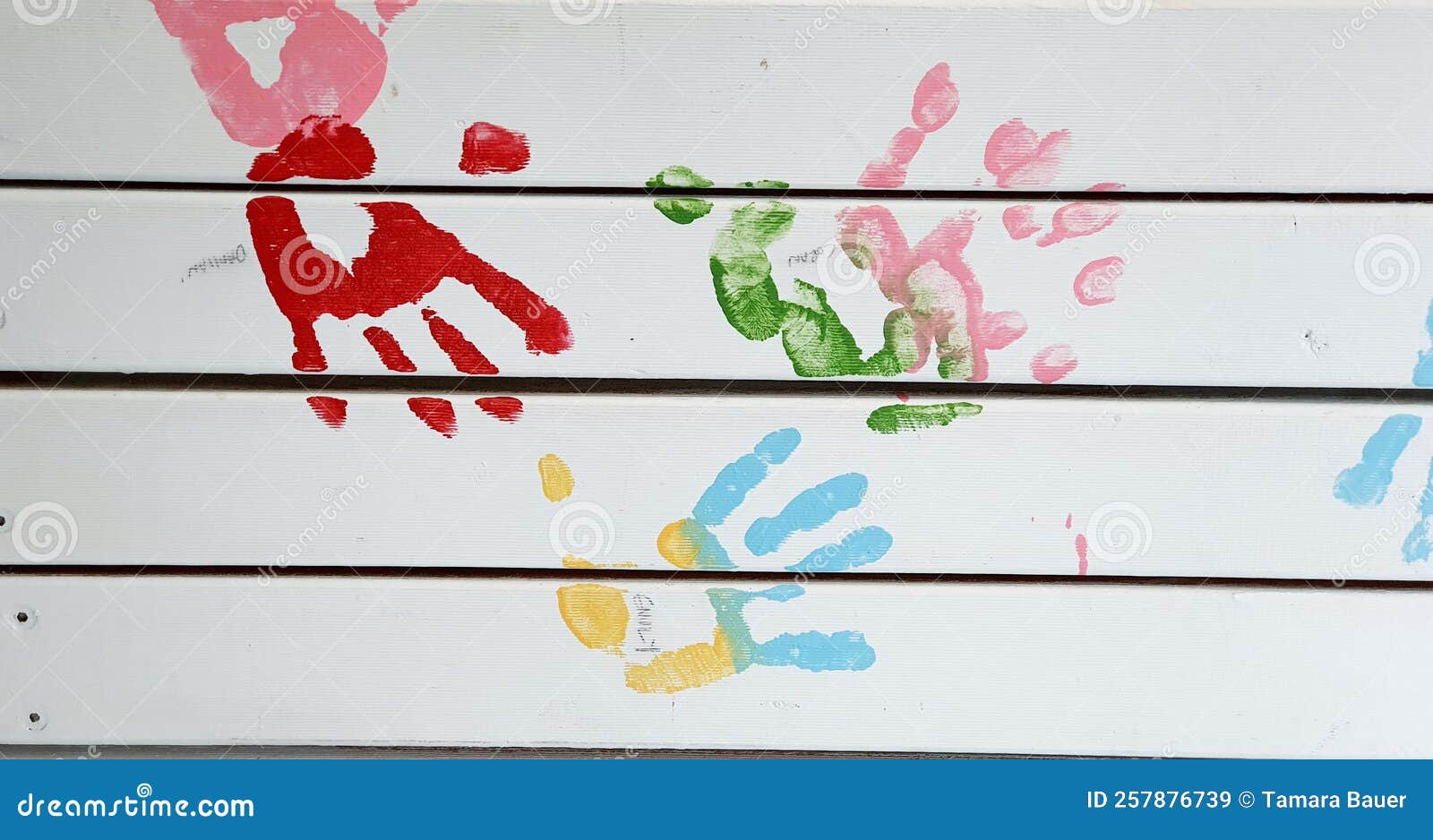 Colorful Painted Handprints on Wooden Planks Stock Image Image of