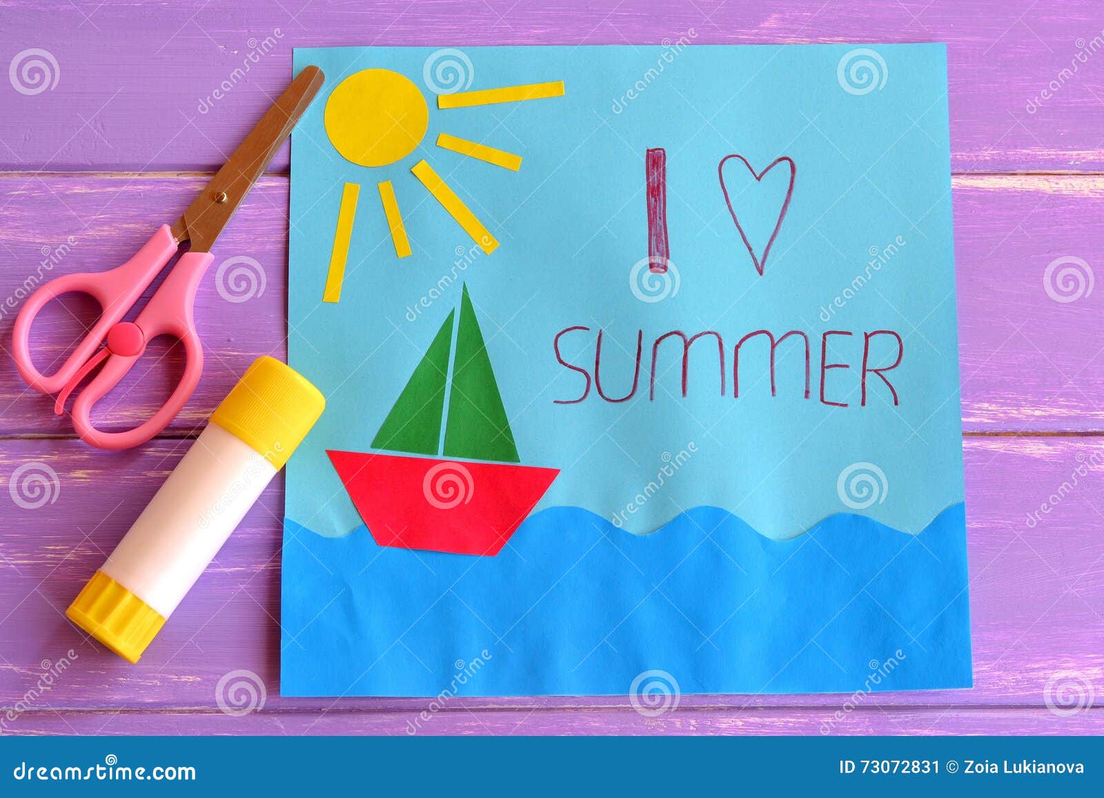 Colorful Paper Card with Ship, Sea, Sun and Words I Love Summer. Scissors  and Glue Stick on Lilac Wooden Background Stock Image - Image of hand,  children: 73072831