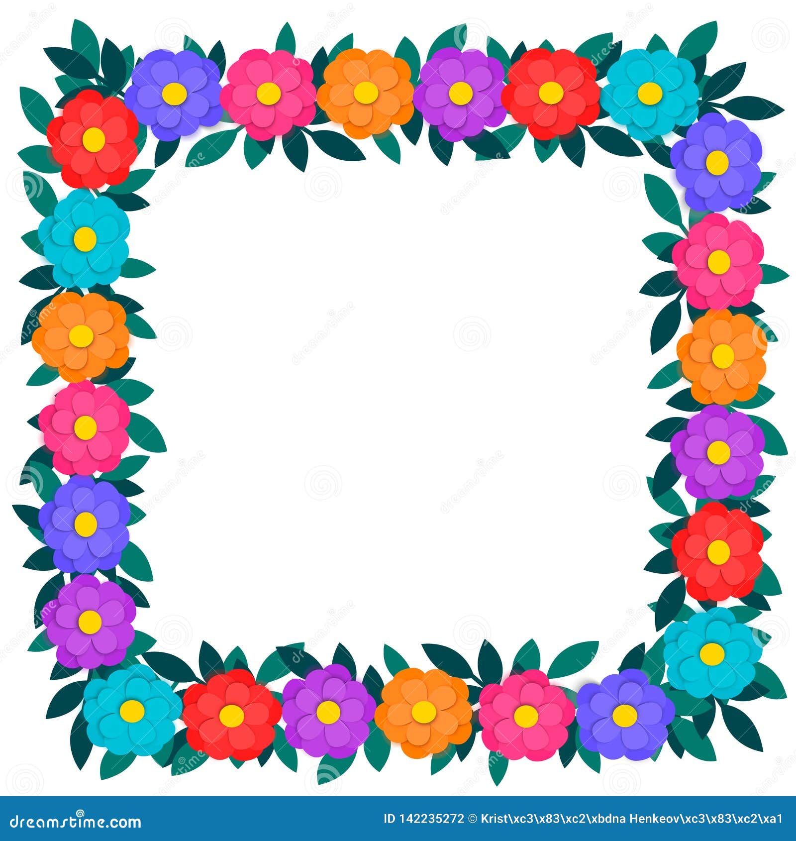 Colorful Paper Cut Out Flowers and Green Leaves Floral Garland Square Frame  or Border Isolated on White Background with Stock Vector - Illustration of  border, graphic: 142235272