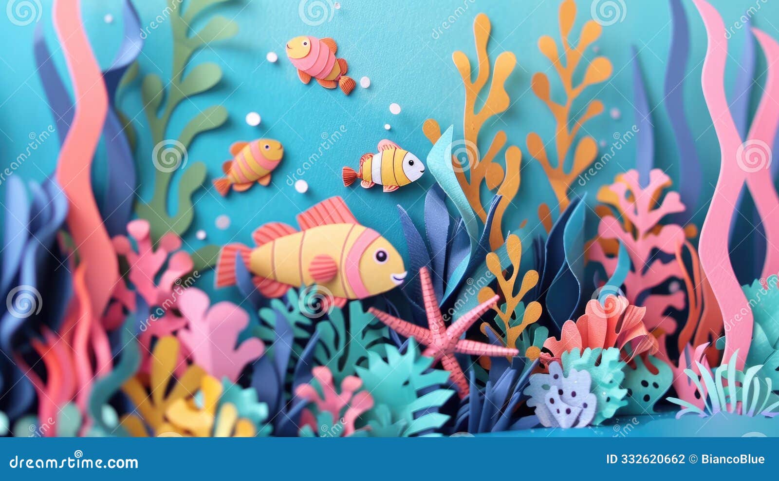 colorful paper cut out represent of fish species arranged underwater. aig53.