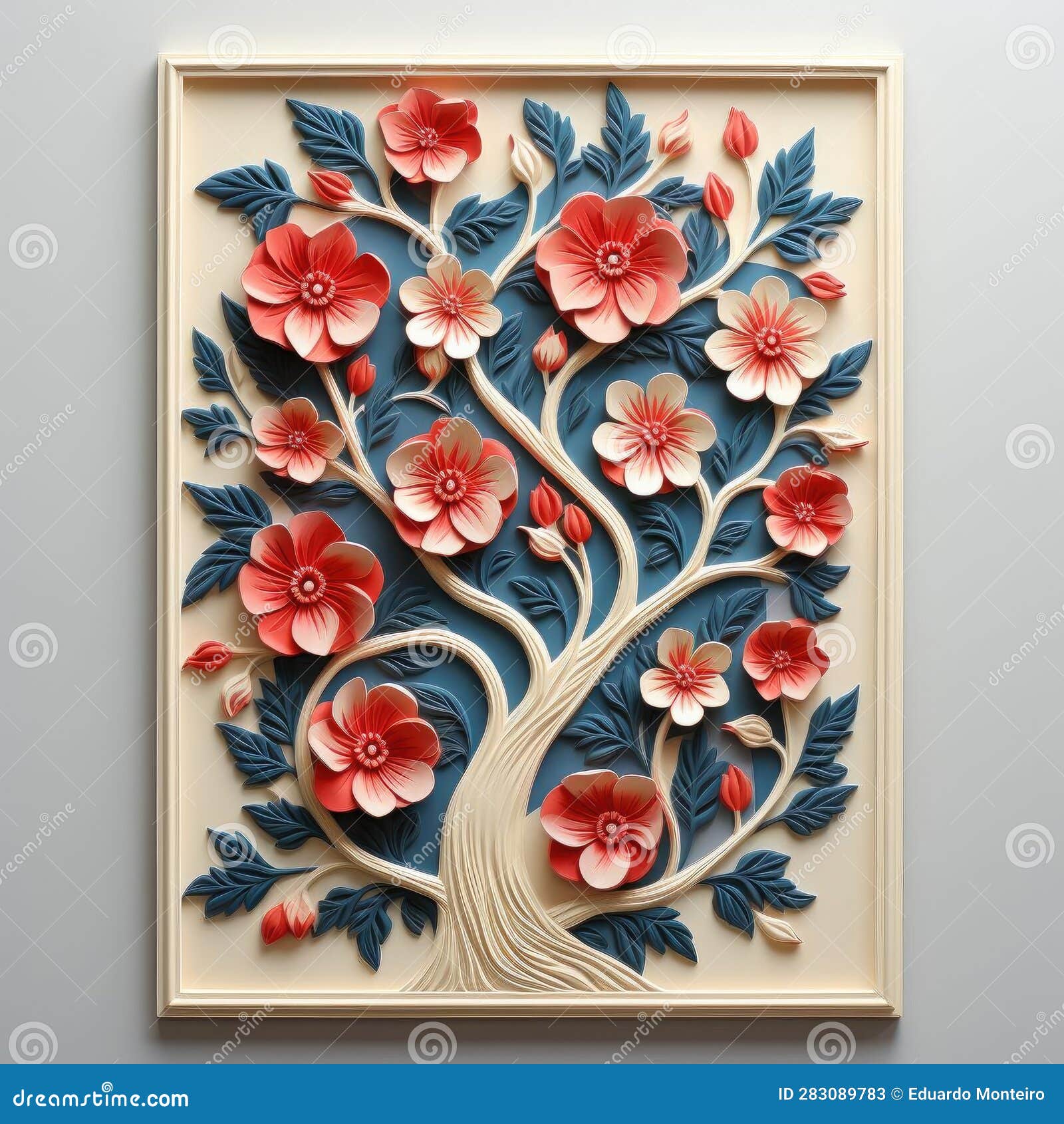 Colorful Paper Sculpture of a Flower Tree on a Grey Wall Stock