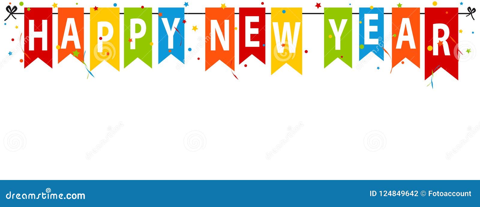 Colorful Party Flags Happy New Year - Vector Illustration with Confetti