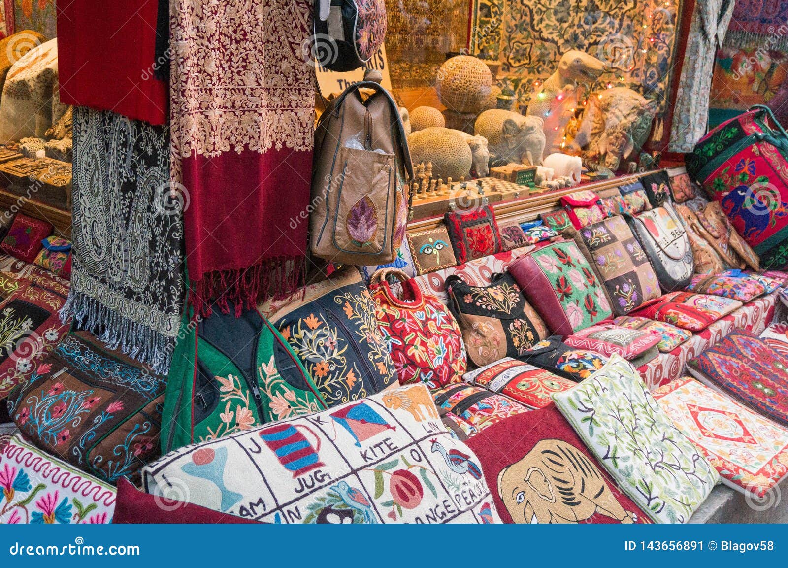 colorful pashmina shawls and handbags. local art and craft