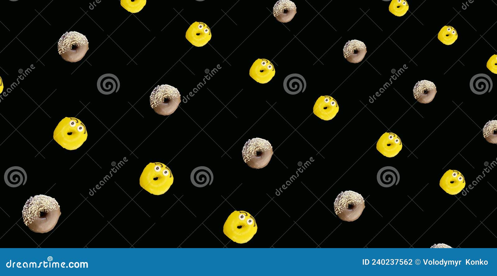 colorful pattern of chocolate and yellow glazed donuts  on black background. doughnuts. top view. flat lay