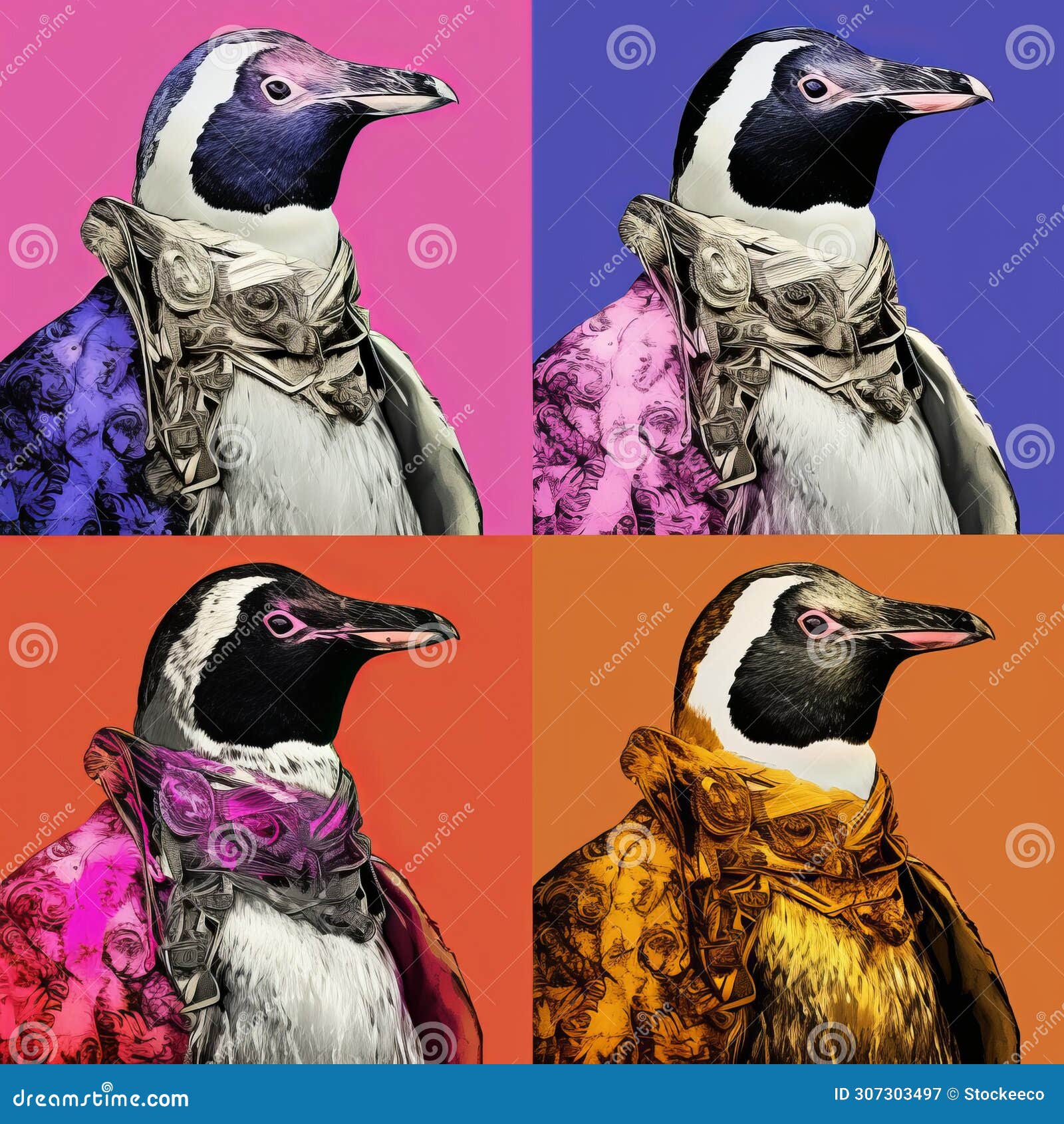 colorful penguin pop art collection: hyperrealistic portraits in andy warhol style