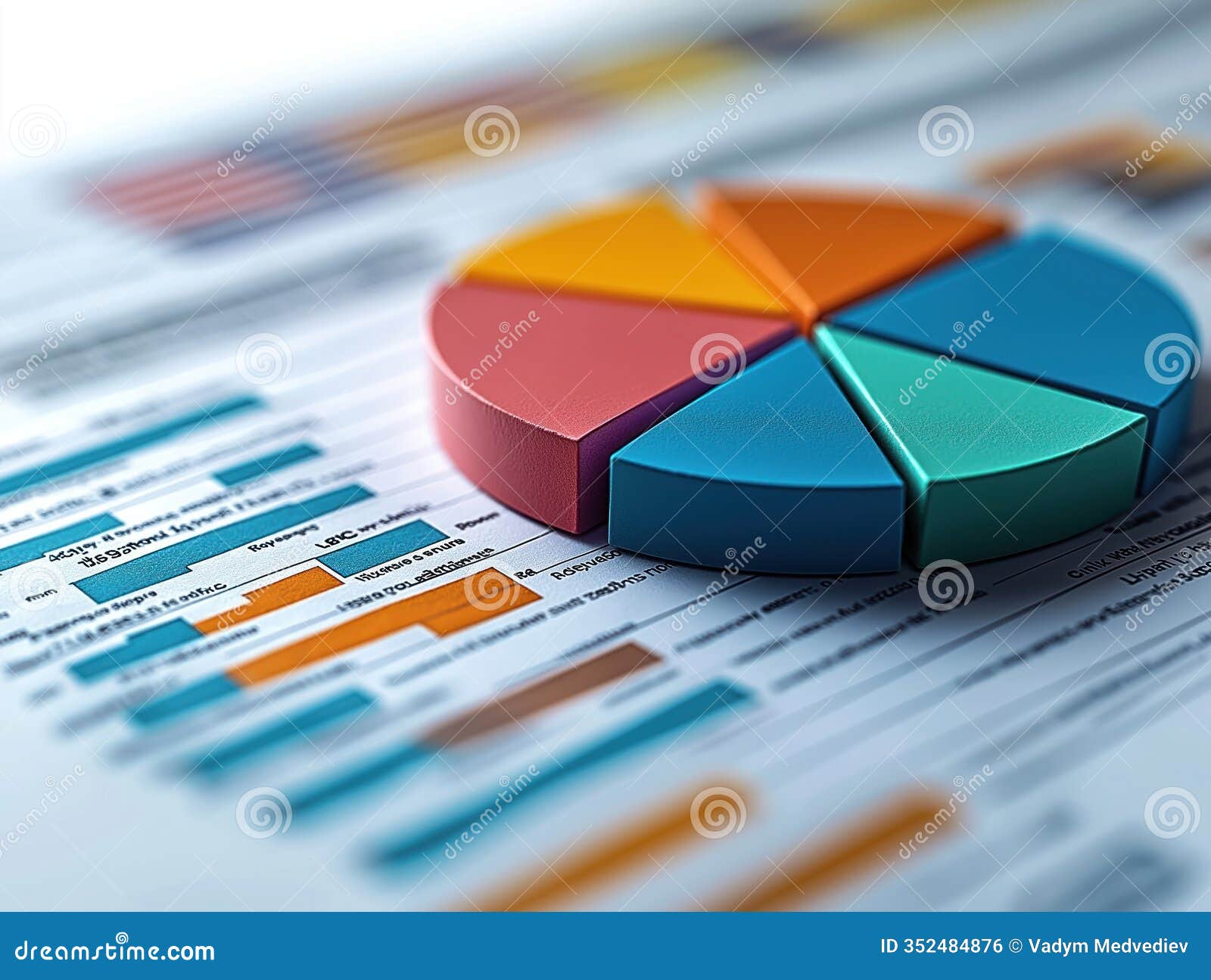 colorful pie chart on financial report. data visuals display financial planning details. business planning document with pie