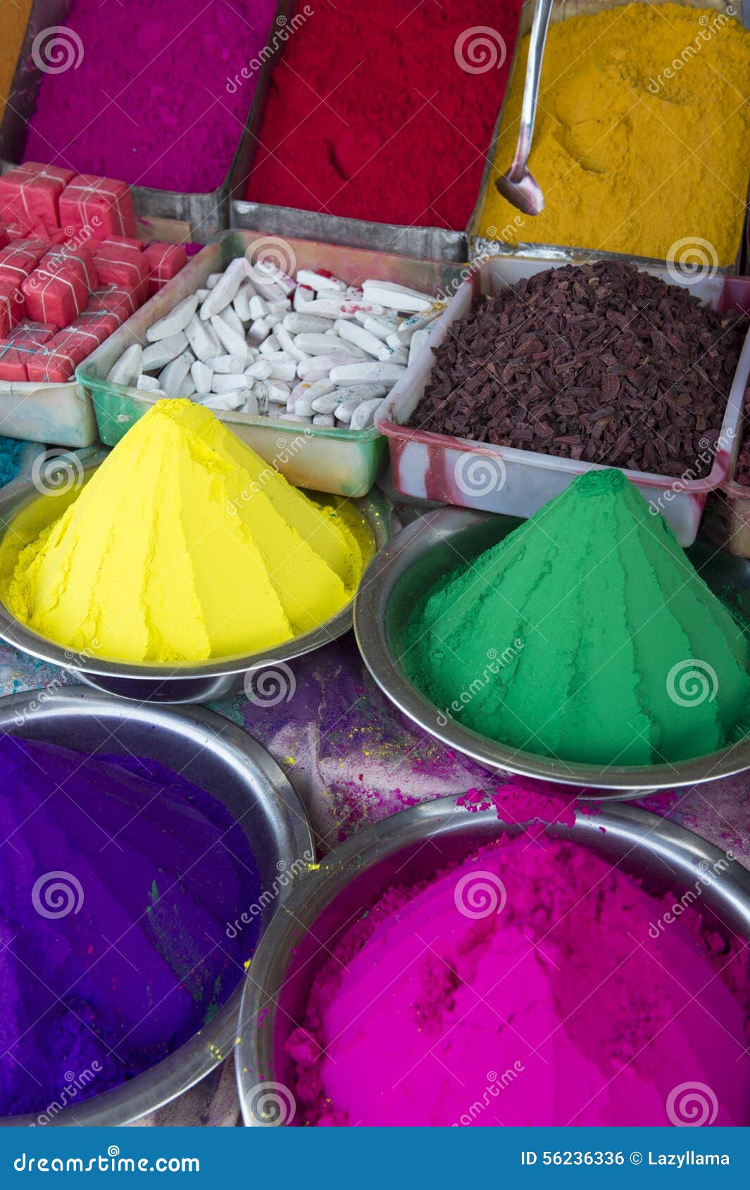 colorful piles of indian bindi powder at local market