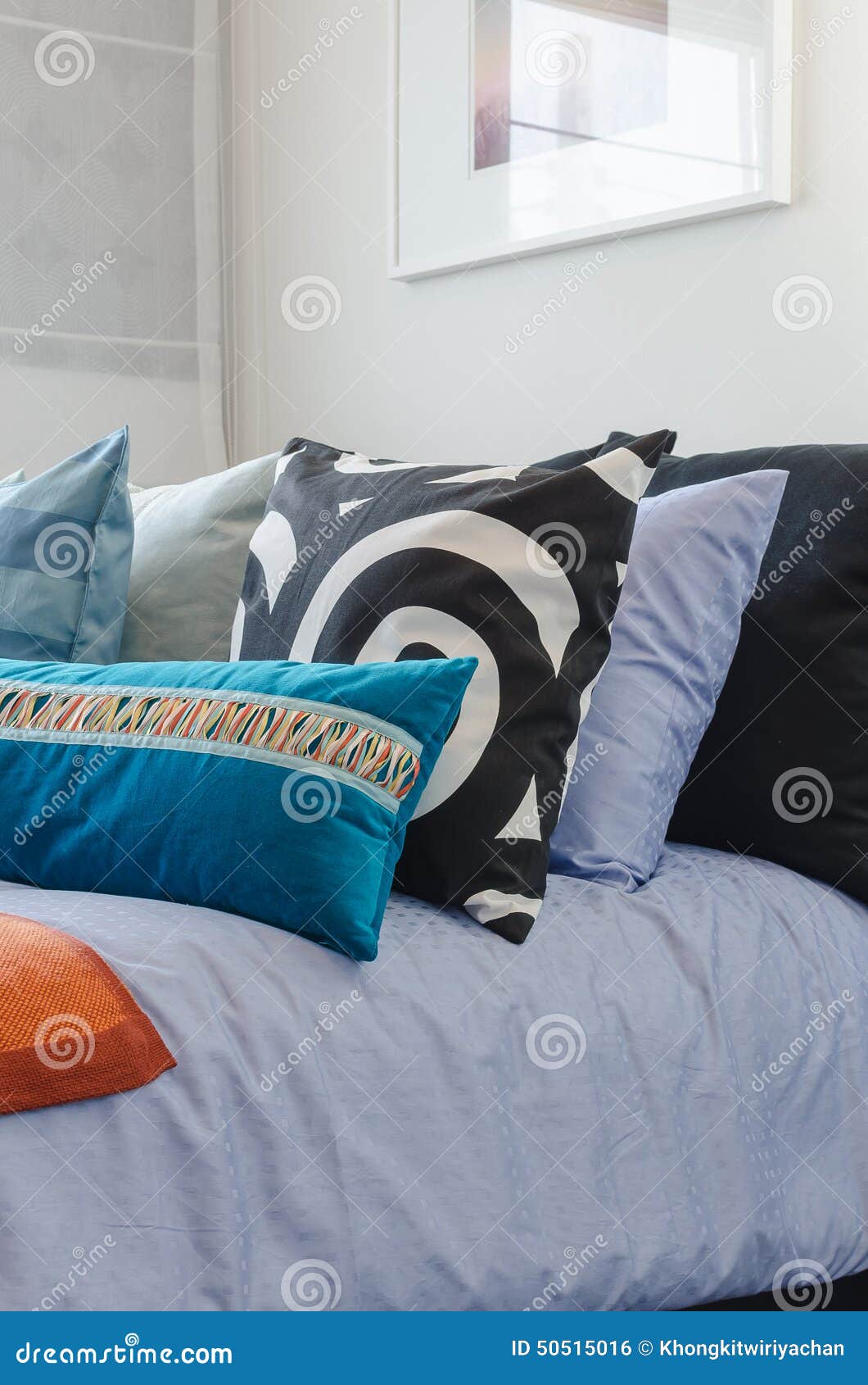 Colorful Pillows on Bed in Modern Bedroom Stock Photo Image of rest