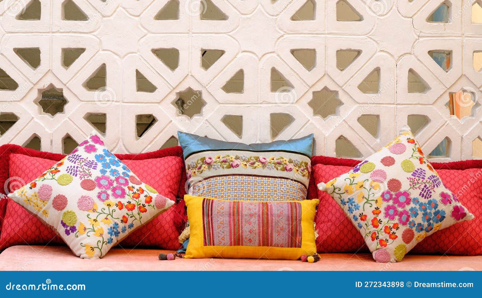 Colorful pillows on sofa stock photo. Image of comfortable 272343898