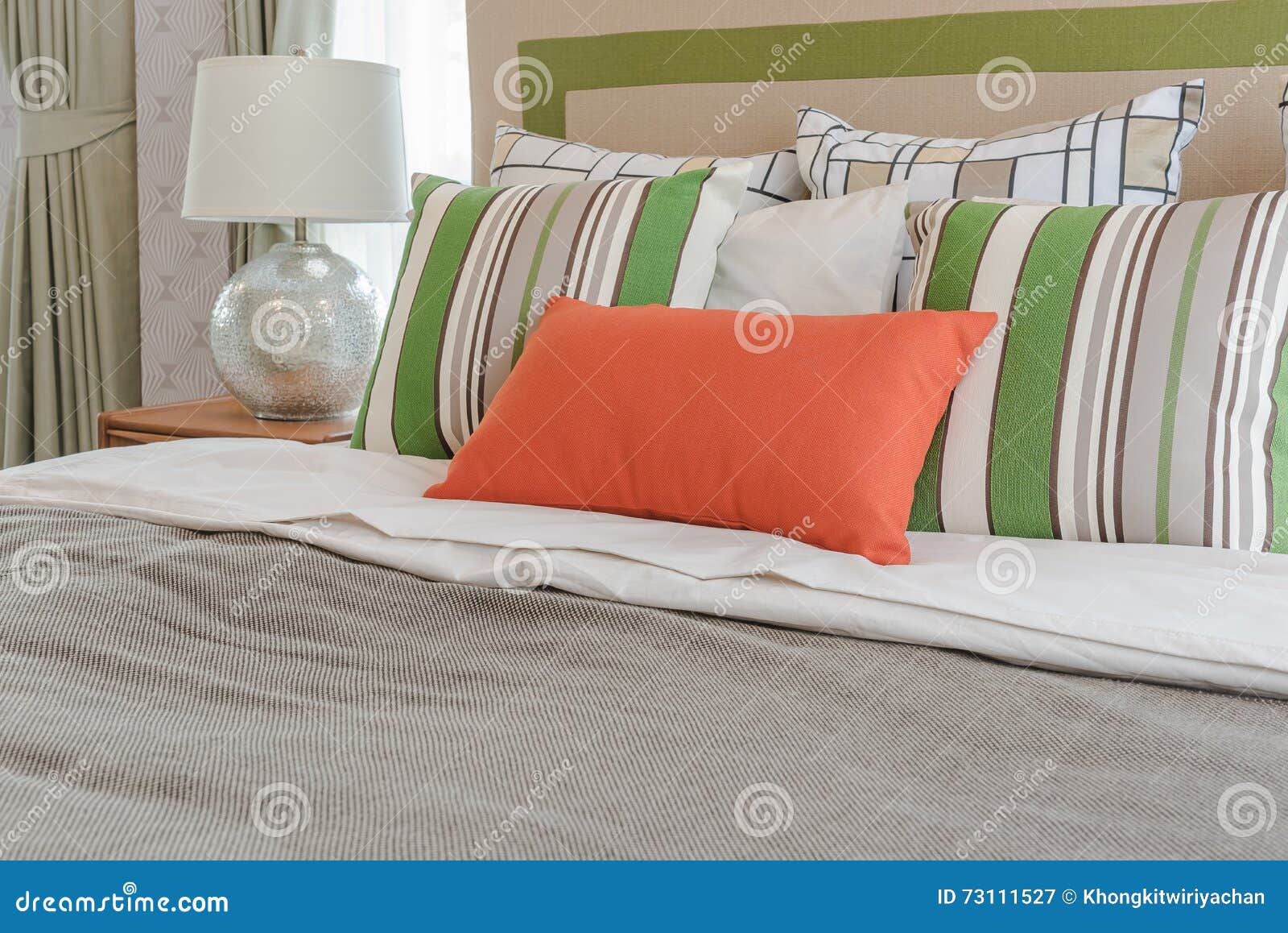 Colorful Pillows on White Bed in Modern Bedroom Stock Image Image of linen, house 73111527