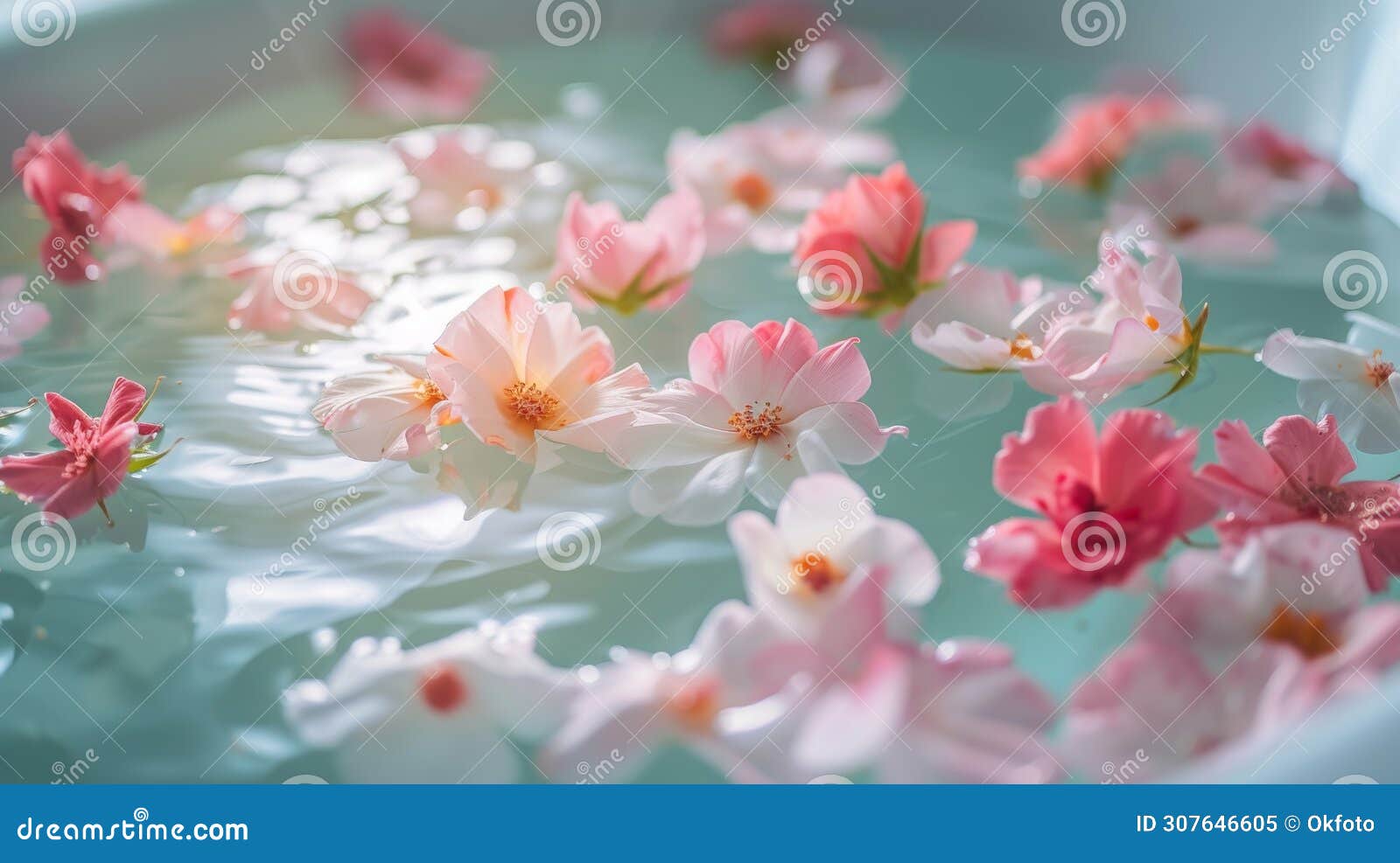 colorful pink flowers gently floating on calm water, the close-up details of floral-infused bath soak in a spa bath.