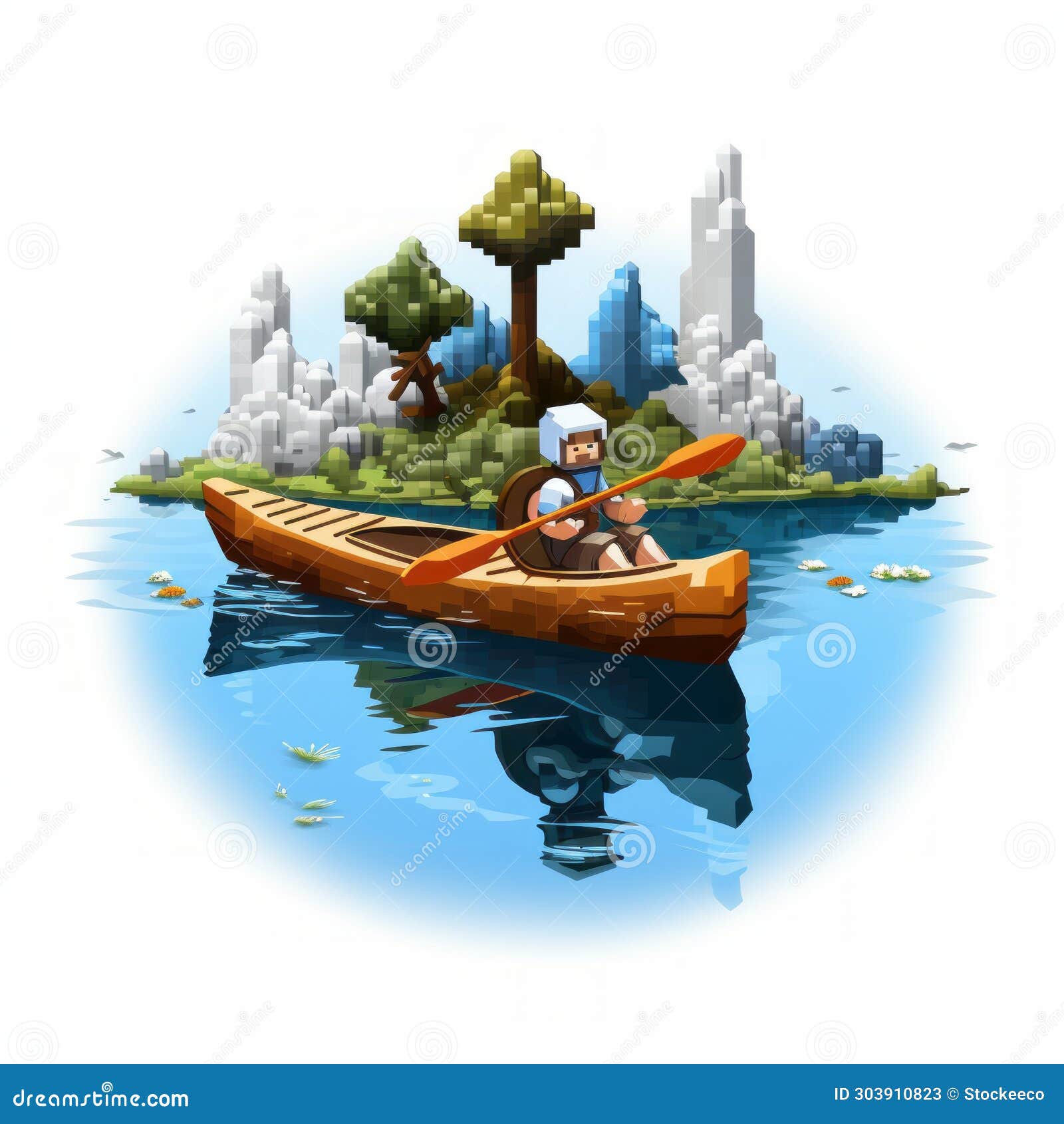 colorful pixel art  of a man kayaking in a canoe