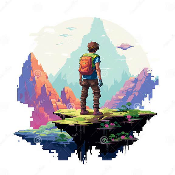 Colorful Pixel Art: a Man on the Edge of a Cliff Stock Illustration ...