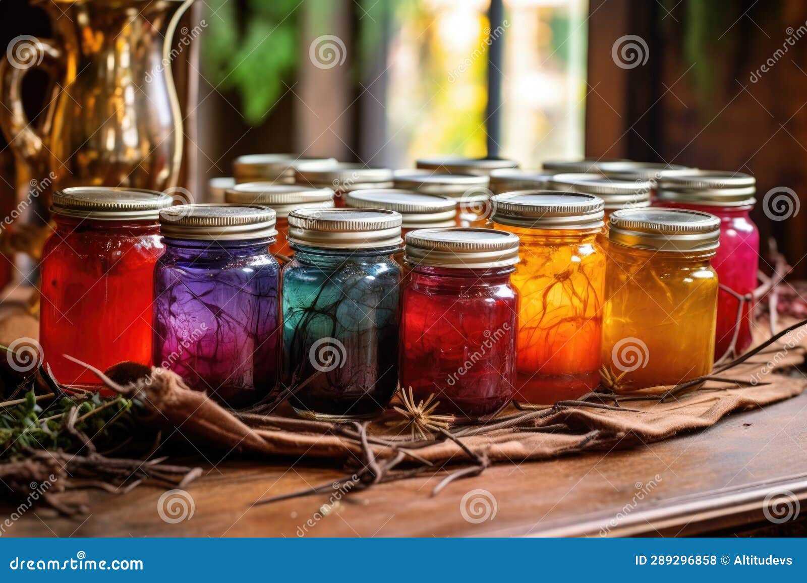 Colorful Plantbased Dyes in Glass Jars on a Rustic Table Stock Photo