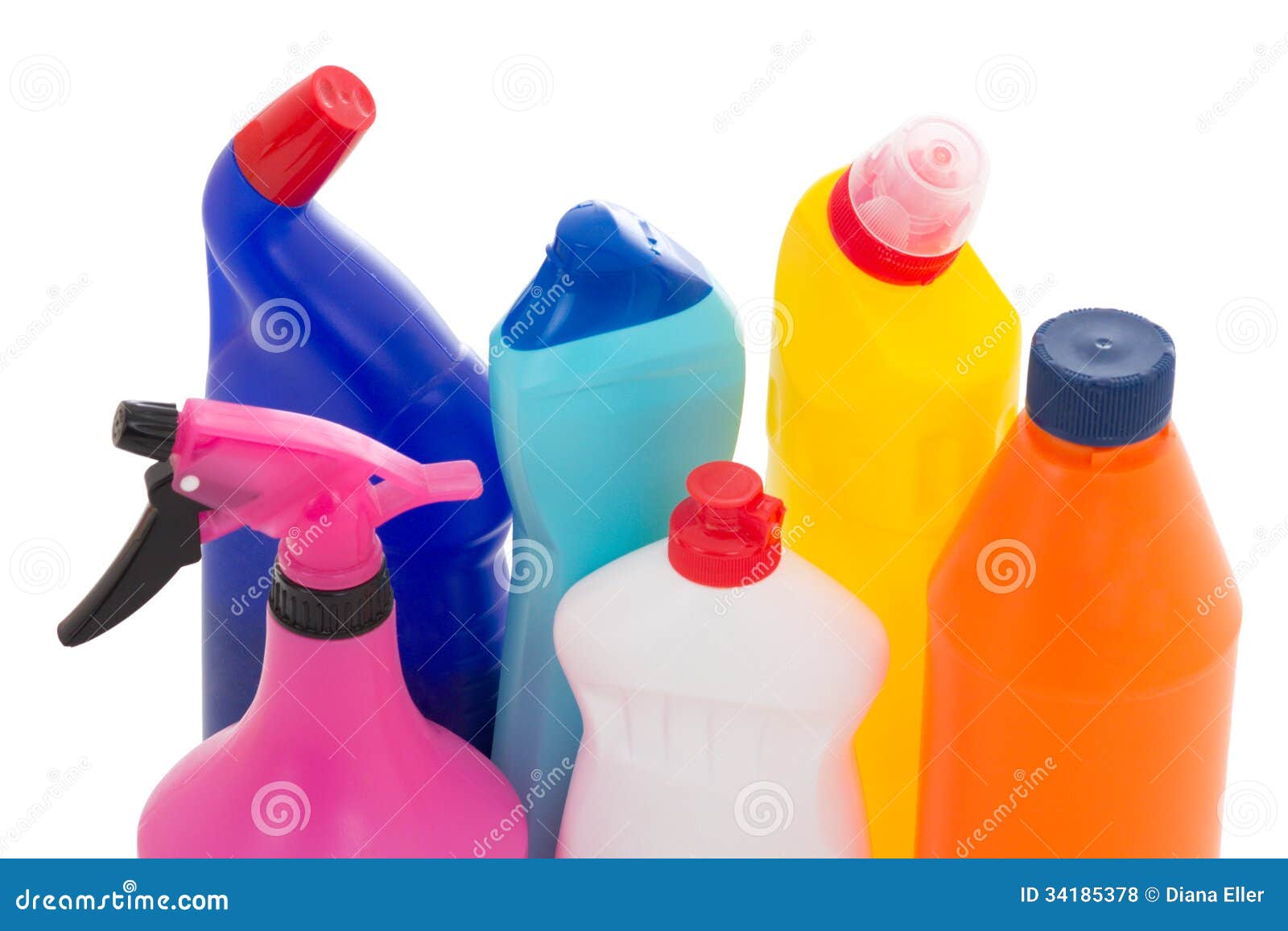 Colorful Plastic Bottles Of Dishwashing Liquid Isolated On White Stock