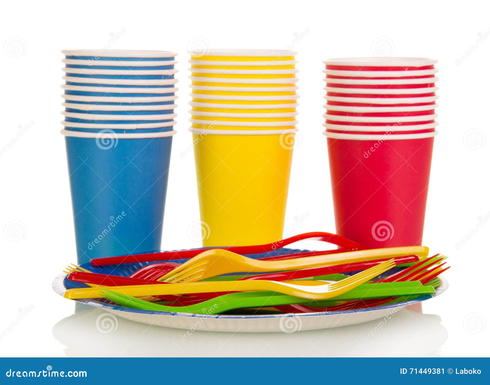 Closeup shot of stacks of red and green plastic cups isolated on a