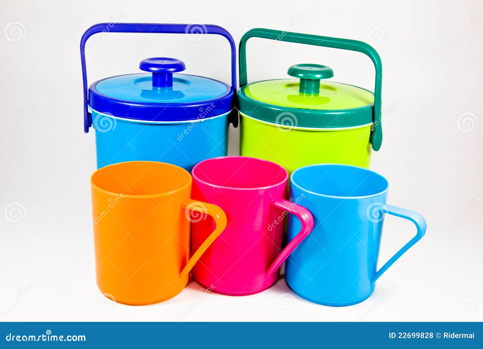 Colorful Plastic Water Canteens And Cups Stock Photo Image of