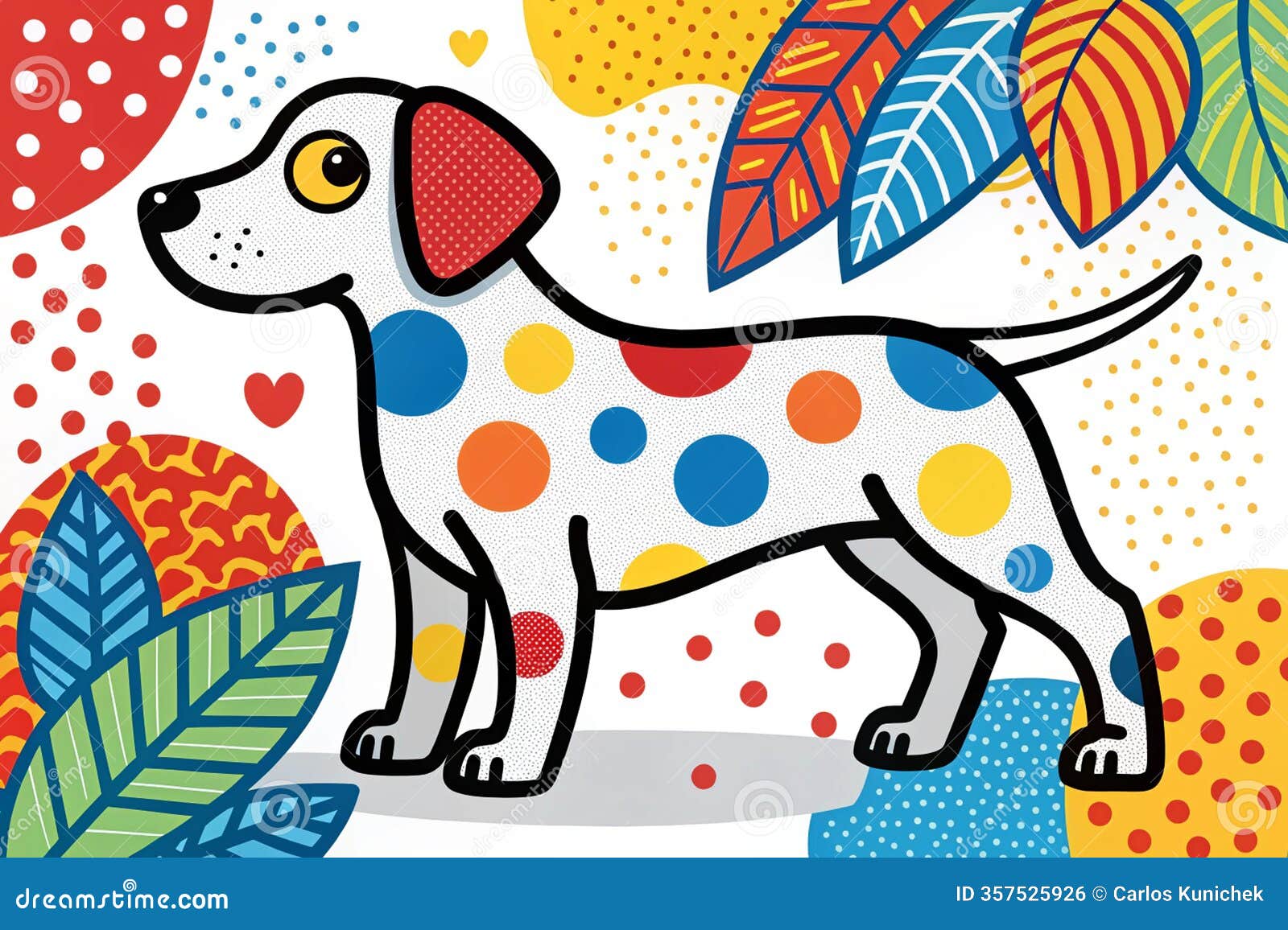 a colorful and playful  of a dog, drawn in a modern pop-art style. the dog has a simple, cartoonish  with bold