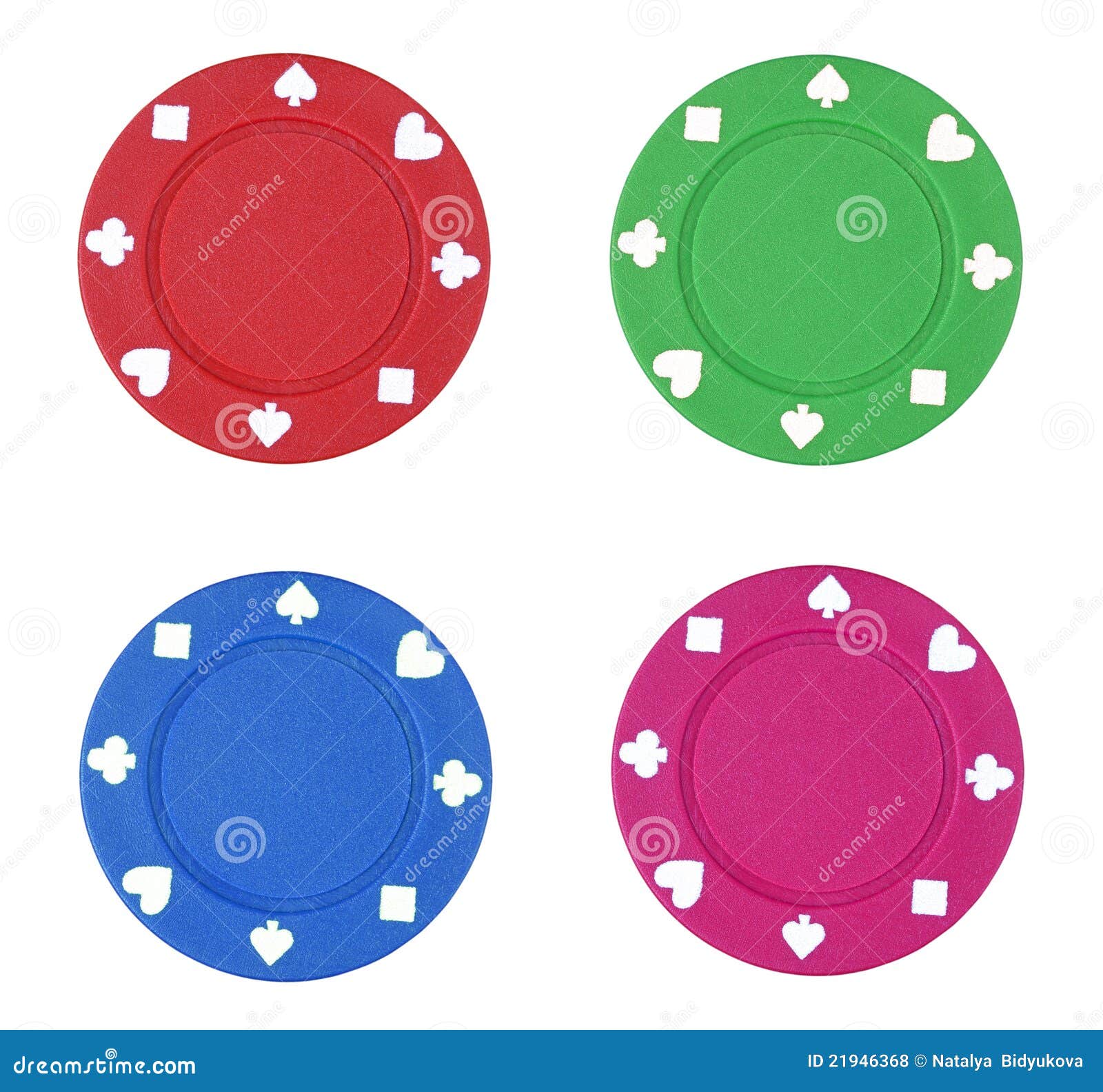 Colorful poker chips on white background