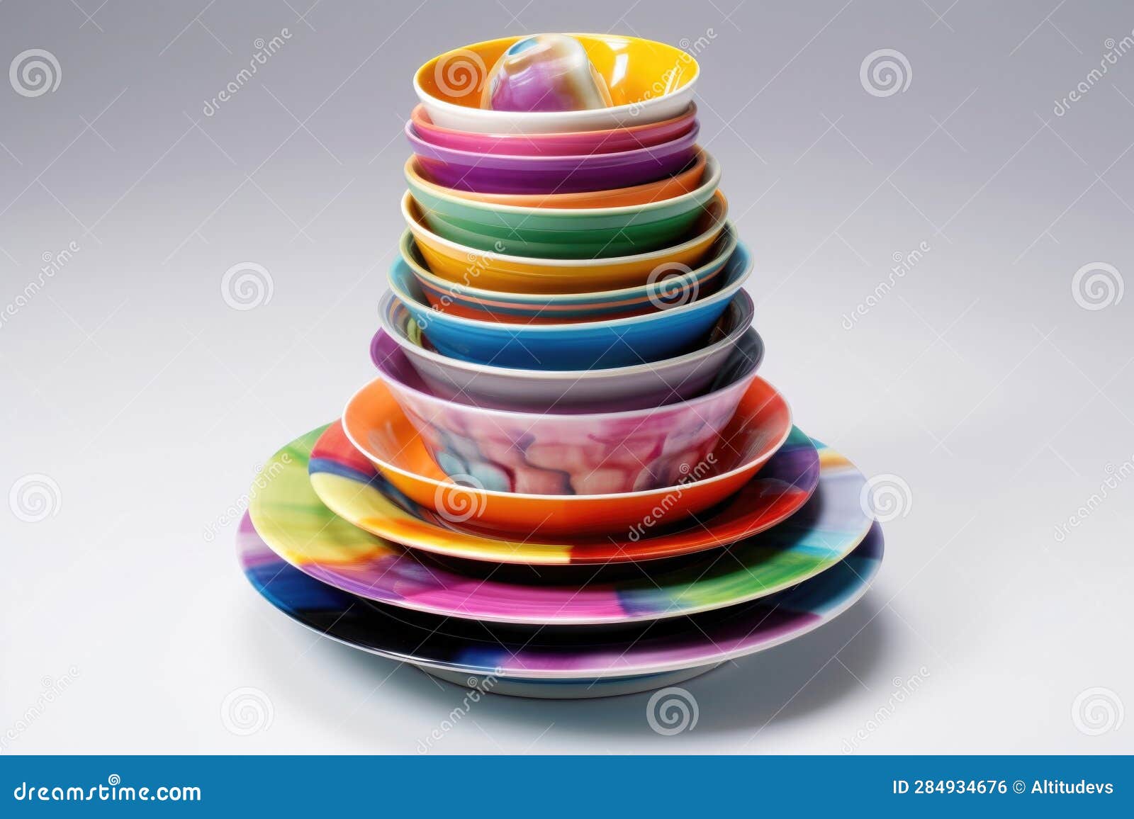 Colorful Porcelain Dinnerware Set Stacked Together Stock Photo Image
