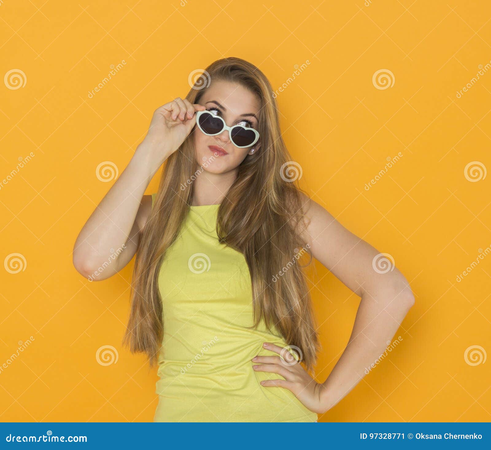 Colorful Portrait Of Young Attractive Woman Wearing Sunglasses Summer 