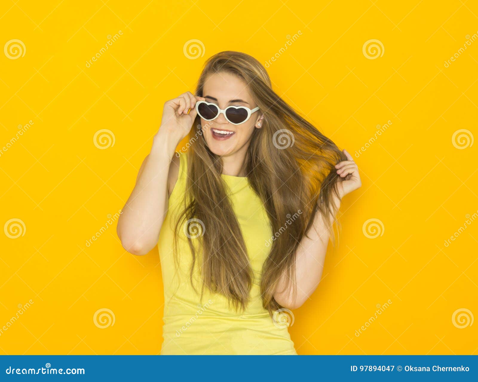 Colorful Portrait Of Young Attractive Woman Wearing Sunglasses Summer 