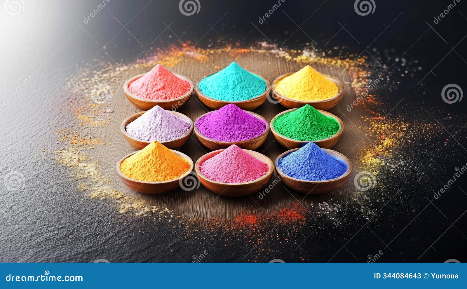 colorful powders in small bowls create a cheerful display for a celebration