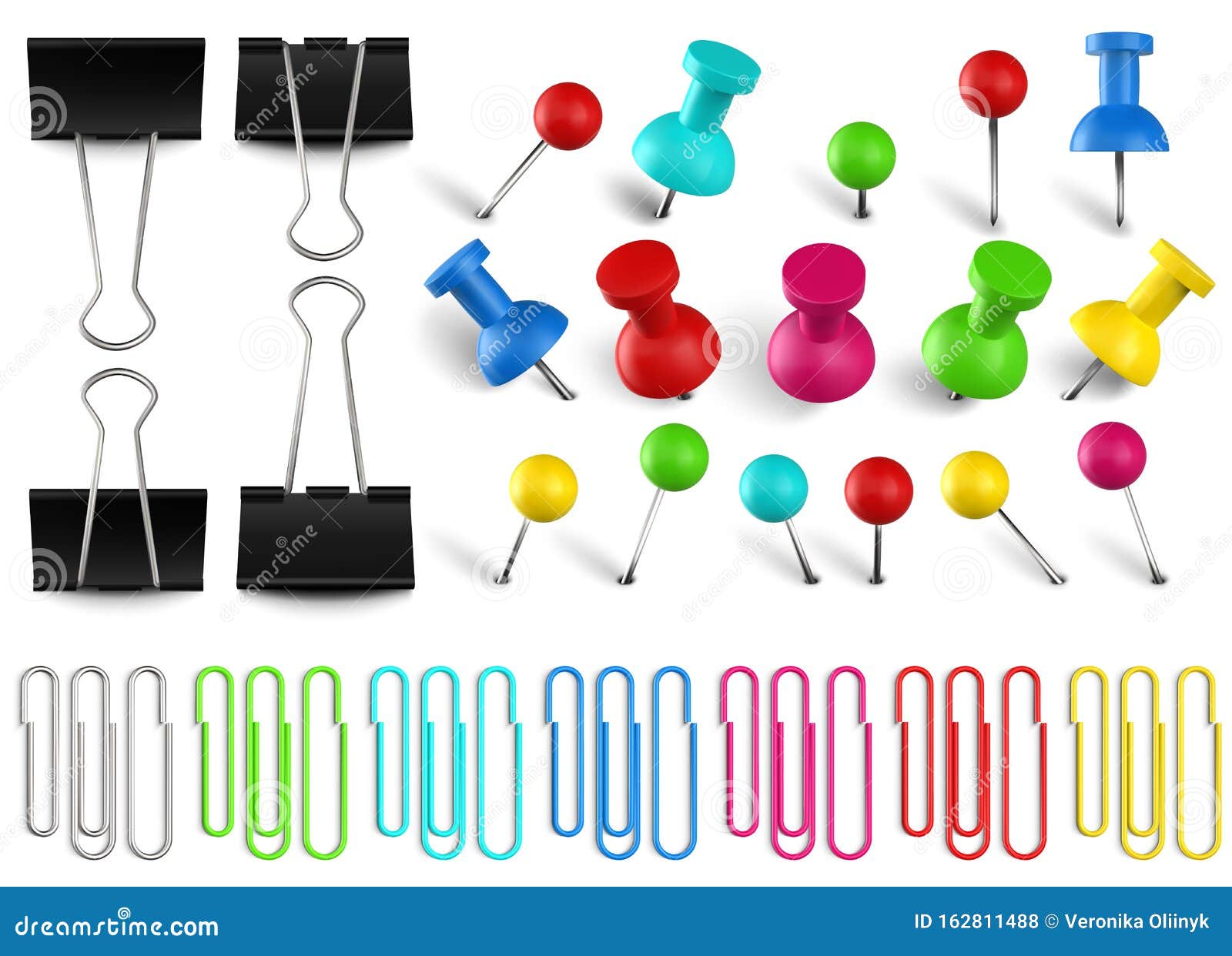 colorful pushpins and paperclips binders. color paper clip, red pushpin and office papers clamp. realistic pins 