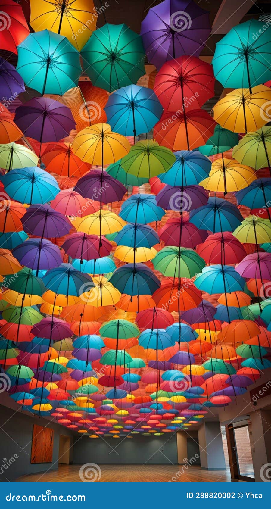 A Colorful and Quirky Image of Rainbow Umbrellas Hanging Upside Down from the Ceiling Creating a