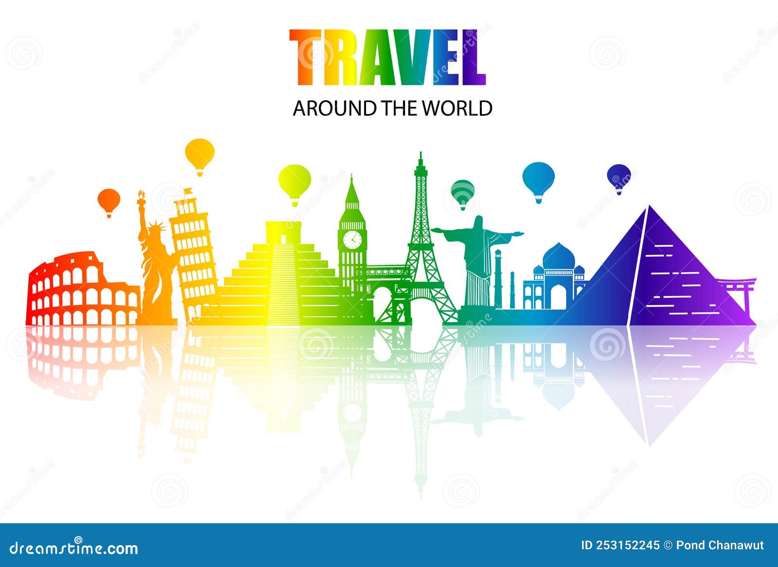 Colorful Rainbow Famous World Landmarks Around the Globe. Important ...