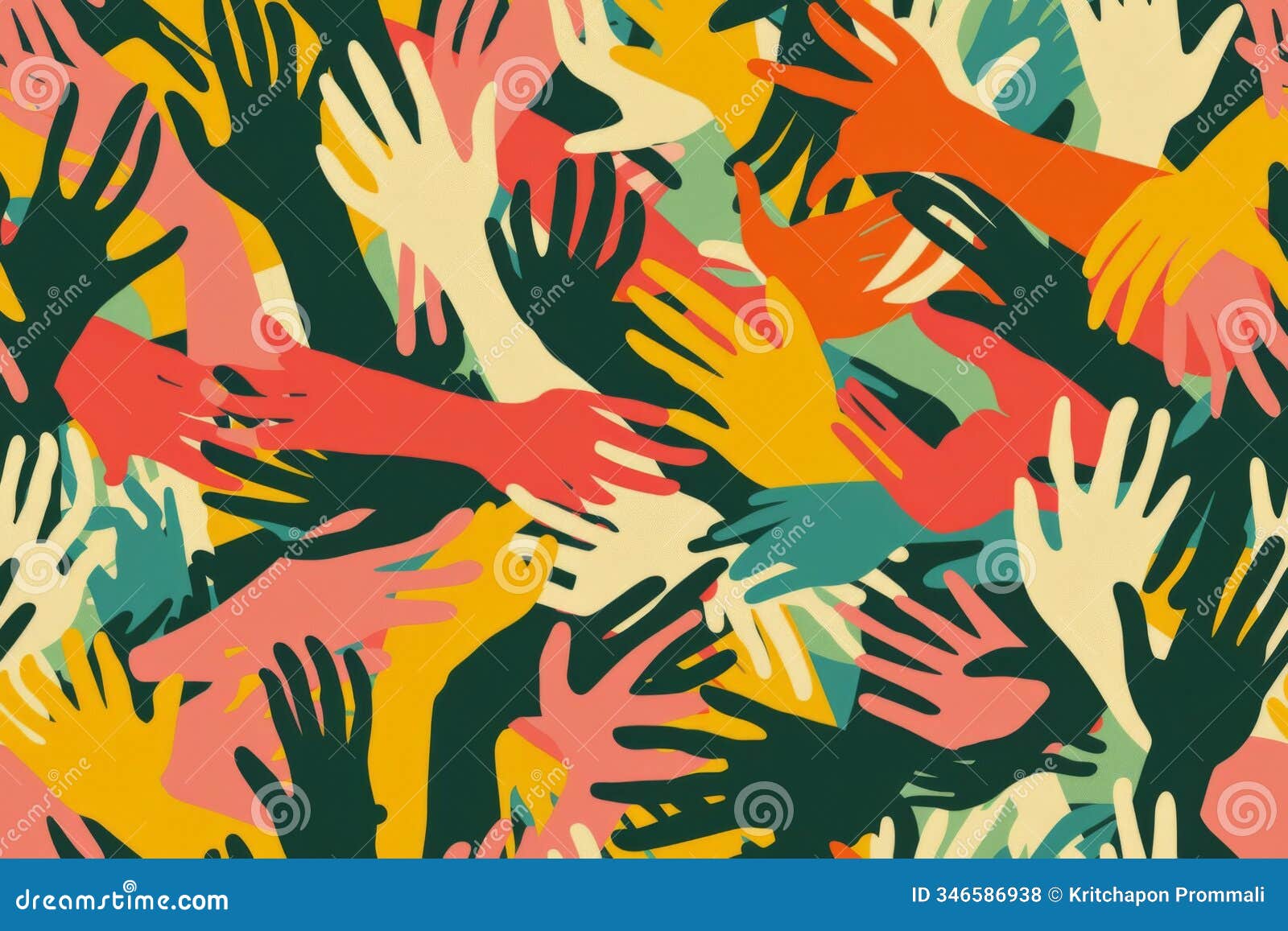 colorful raised hands seamless pattern.   in retro style