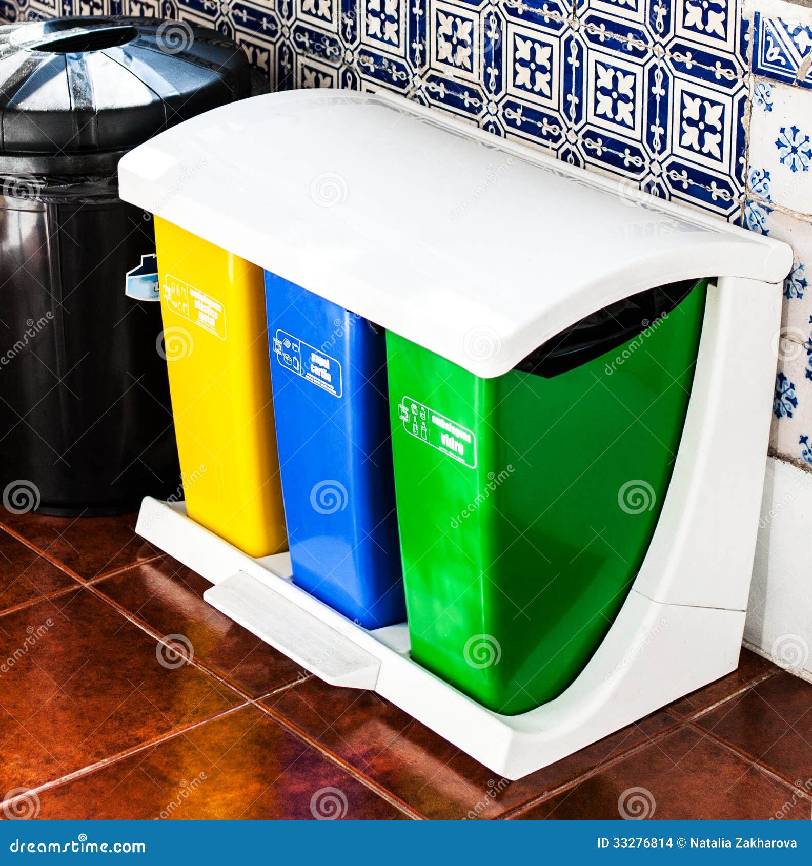 Colorful Recycle Cans on the Kitchen, Stock Photo Image of isolated, collect 33276814