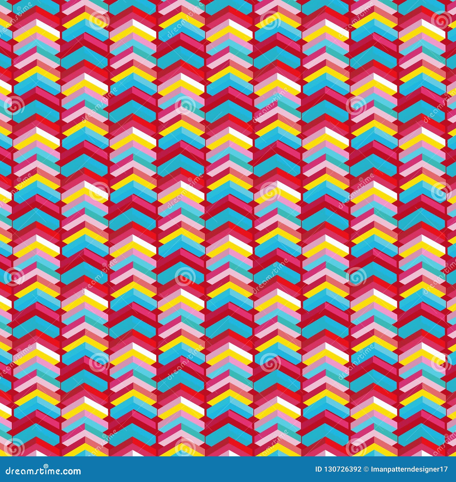 colorful red, yellow and blue isometric geometric repeating pattern