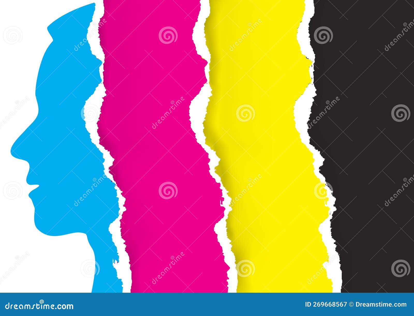 ripped paper background with cmyk colors and male head silhouette.