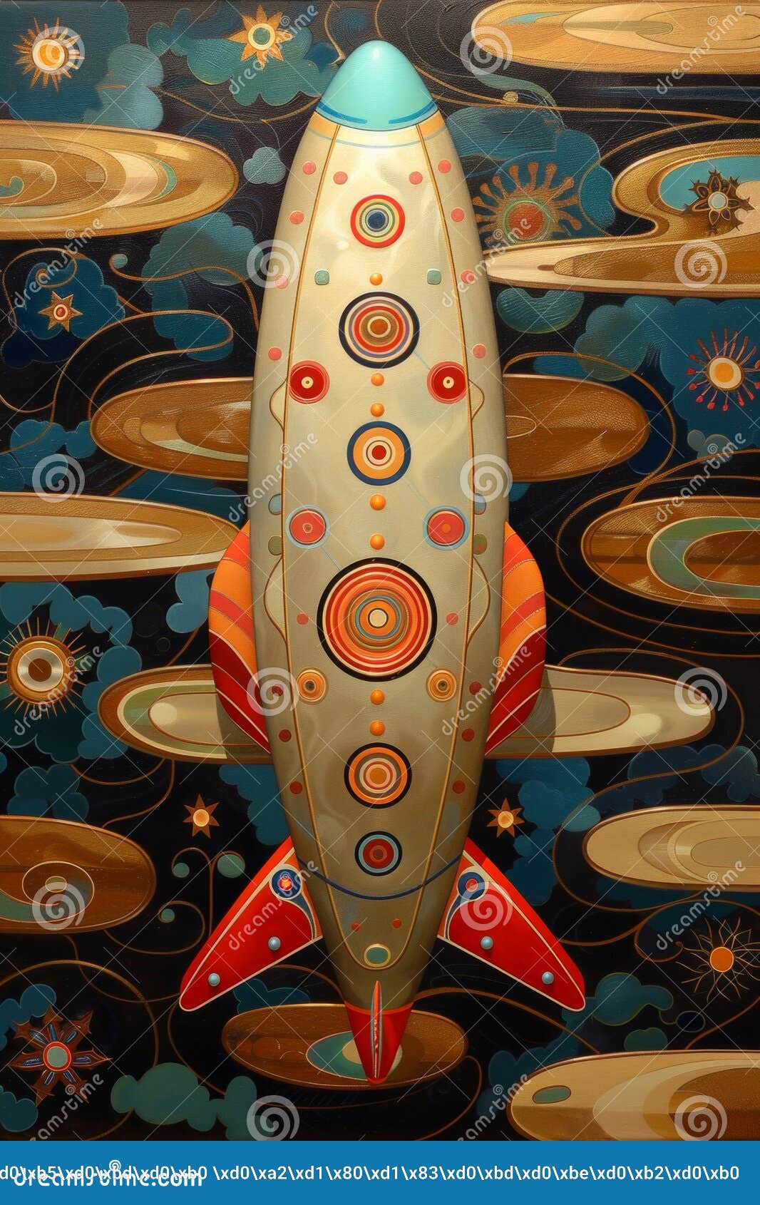 a colorful rocket ship soaring through abstract cosmic clouds, surrounded by stars and swirling patterns, capturing a