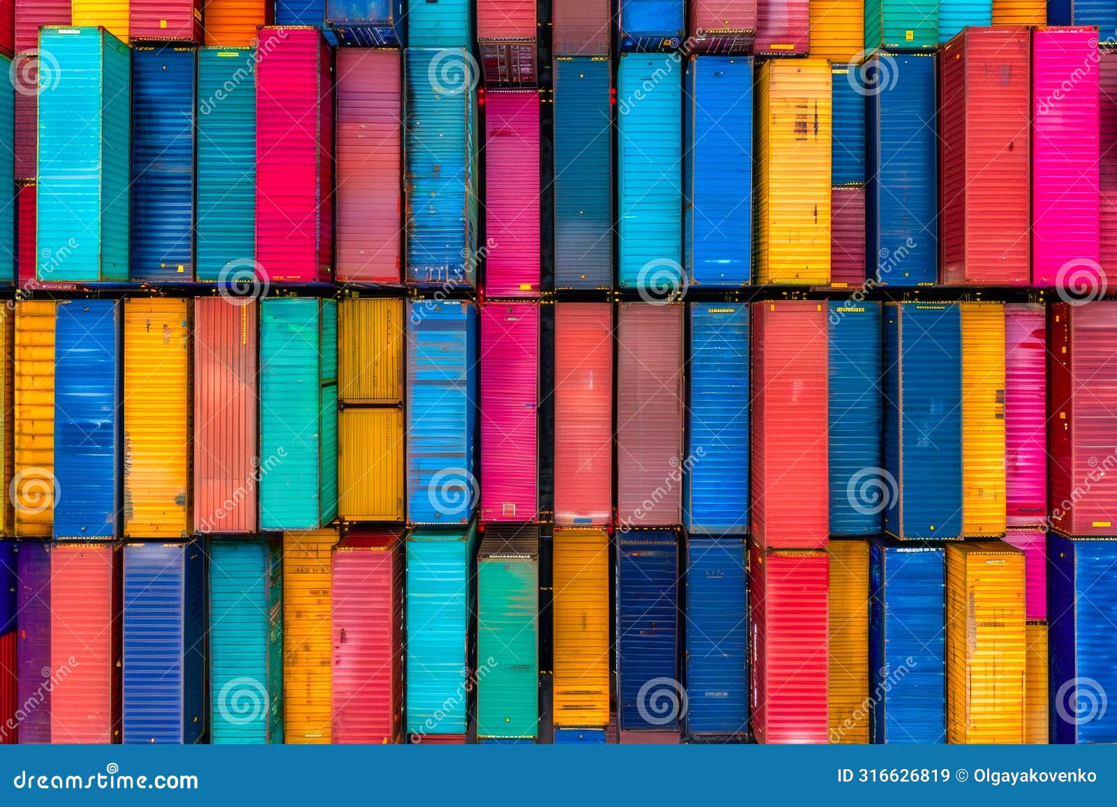 colorful roofs of cargo containers, logistics hub, transportation and delivery of railway cargo, top view