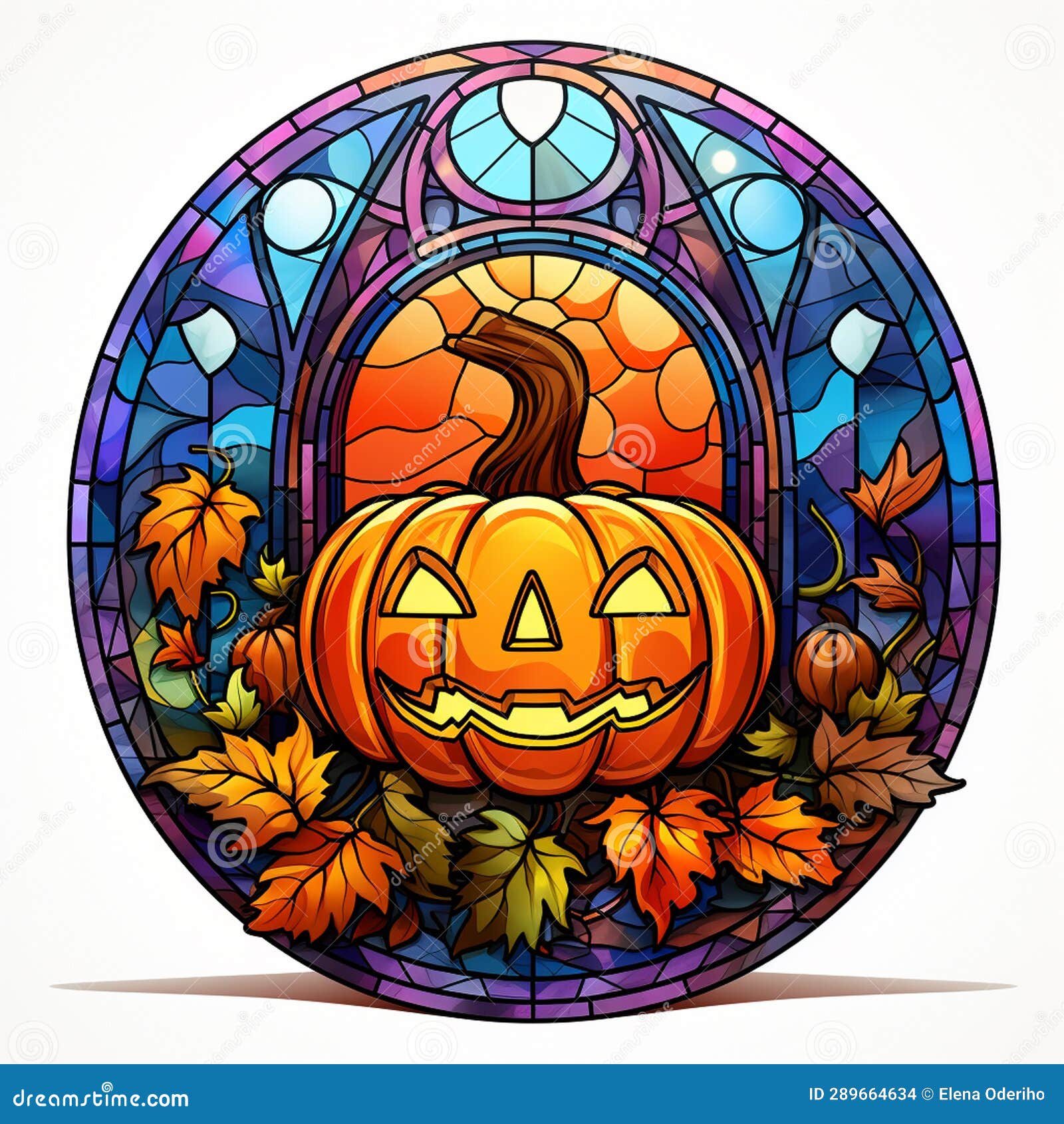 colorful round stained glass halloween window with pumpkin, cartoon,  on white background, ai generated