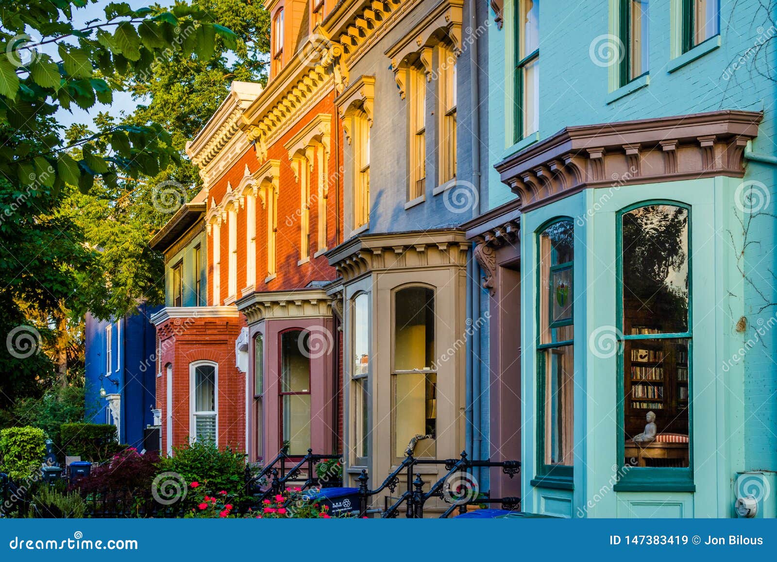 colorful row houses on independence avenue in capitol hill, washington, dc